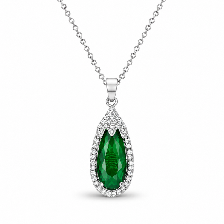 EMERALD DROP — ΚΟΛΙΕ ΑΣΗΜΙ 925 PENDANT ΣΤΑΓΟΝΑ ΠΡΑΣΙΝΟ ΚΡΥΣΤΑΛΛΟ ΖΙΡΓΚΟΝ HALO