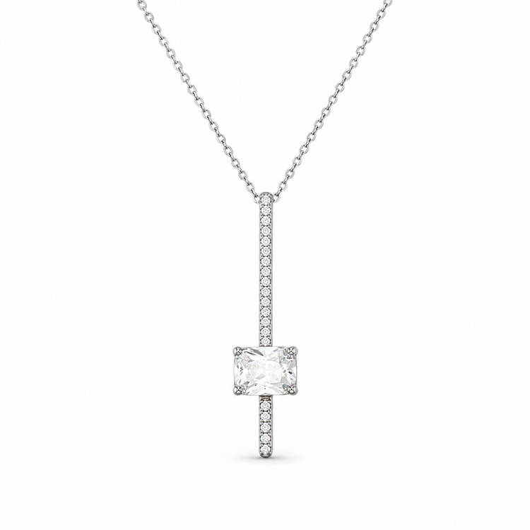 SOLITAIRE BAR — ΚΟΛΙΕ ΑΣΗΜΙ 925 PENDANT ΜΠΑΡΑ ΖΙΡΓΚΟΝ CUSHION ΛΕΥΚΟ