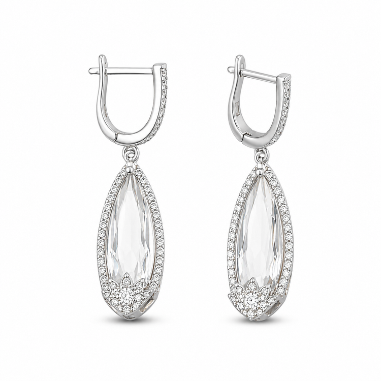 CRYSTAL TEAR — ΣΚΟΥΛΑΡΙΚΙΑ ΑΣΗΜΙ 925 ΜΑΚΡΙΑ ΚΡΕΜΑΣΤΑ ΚΡΥΣΤΑΛΛΟΣ PEAR ΖΙΡΓΚΟΝ HALO