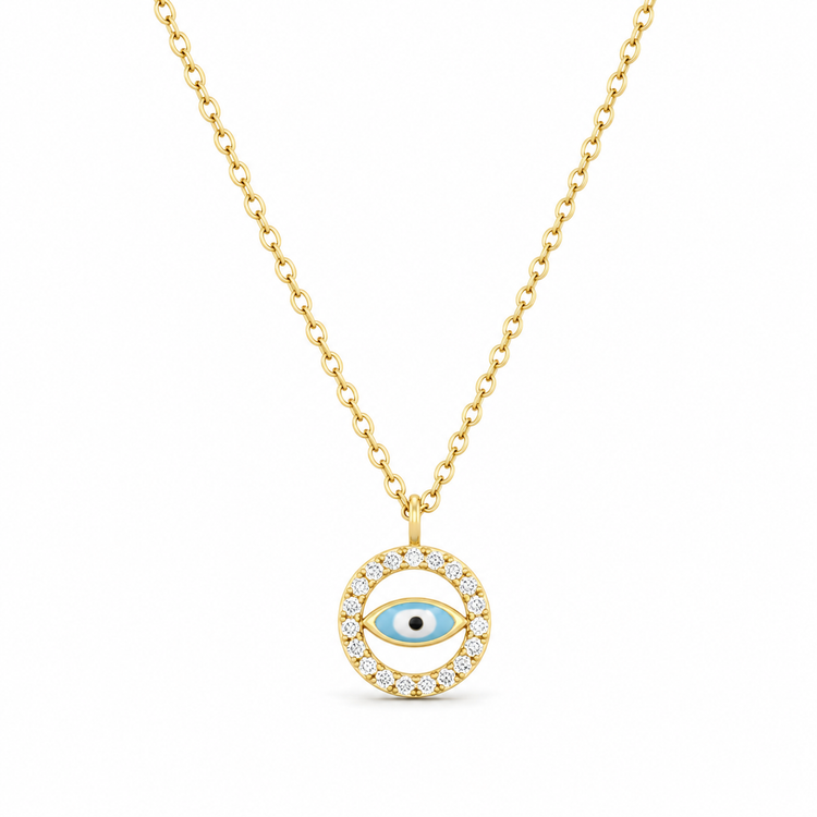 EVIL EYE — ΚΟΛΙΕ ΑΣΗΜΙ 925 ΕΠΙΧΡΥΣΟ PENDANT ΜΑΤΙ ΣΜΑΛΤΟ ΖΙΡΓΚΟΝ ΚΥΚΛΟΣ
