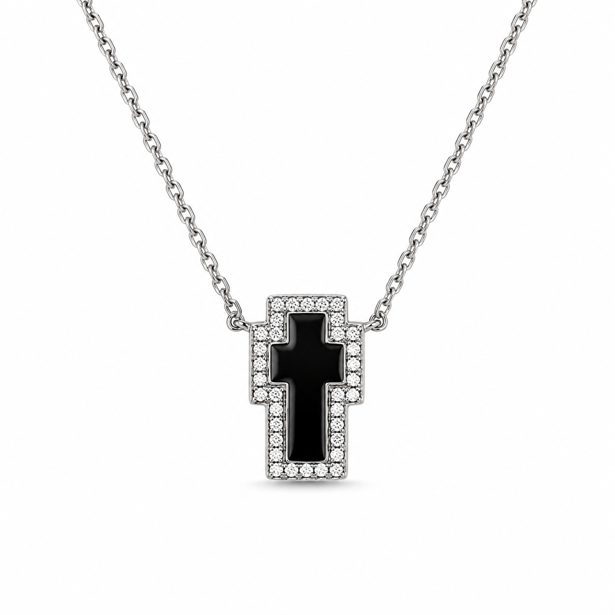 NOIR CROSS — ΚΟΛΙΕ ΑΣΗΜΙ 925 PENDANT ΣΤΑΥΡΟΣ ΜΑΥΡΟ ΣΜΑΛΤΟ ΖΙΡΓΚΟΝ HALO