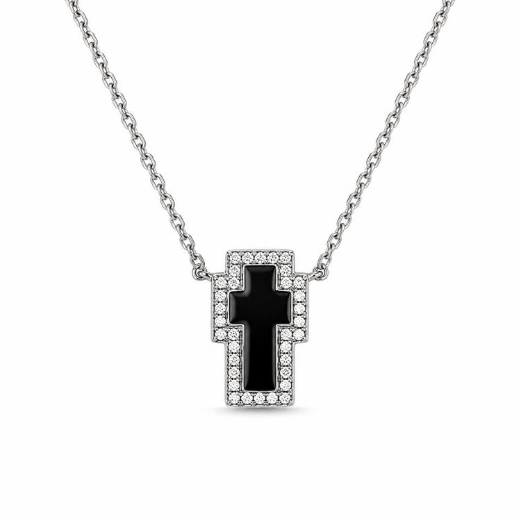 NOIR CROSS — ΚΟΛΙΕ ΑΣΗΜΙ 925 PENDANT ΣΤΑΥΡΟΣ ΜΑΥΡΟ ΣΜΑΛΤΟ ΖΙΡΓΚΟΝ HALO