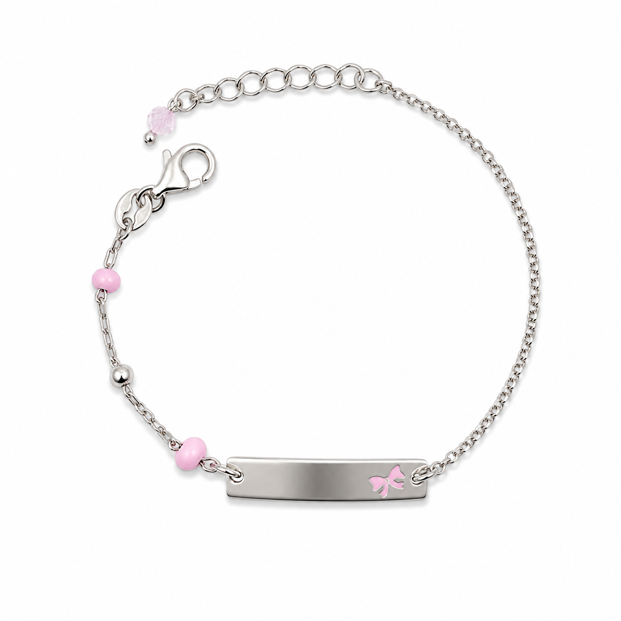 PINK BOW NAMEPLATE — ΠΑΙΔΙΚΗ ΤΑΥΤΟΤΗΤΑ ΑΣΗΜΙ 925 ΦΙΟΓΚΟΣ ΡΟΖ ΧΑΝΤΡΕΣ