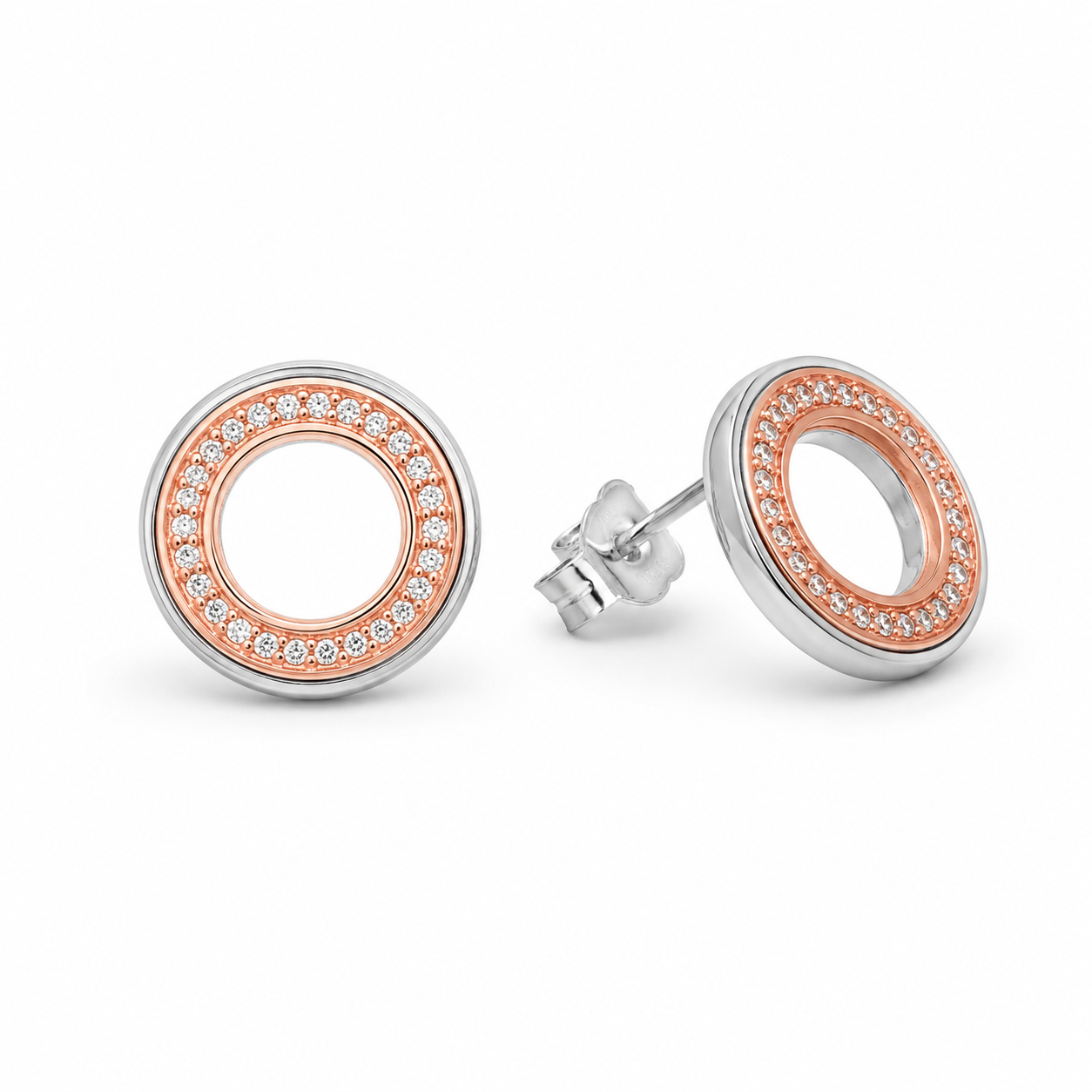 ROSE HALO STUDS — ΣΚΟΥΛΑΡΙΚΙΑ ΚΑΡΦΩΤΑ ΑΣΗΜΙ 925 ΟΞΕΙΔΩΜΕΝΟ ΡΟΖ ΧΡΥΣΟ ΜΕ ΛΕΥΚΑ ΖΙΡΓΚΟΝ