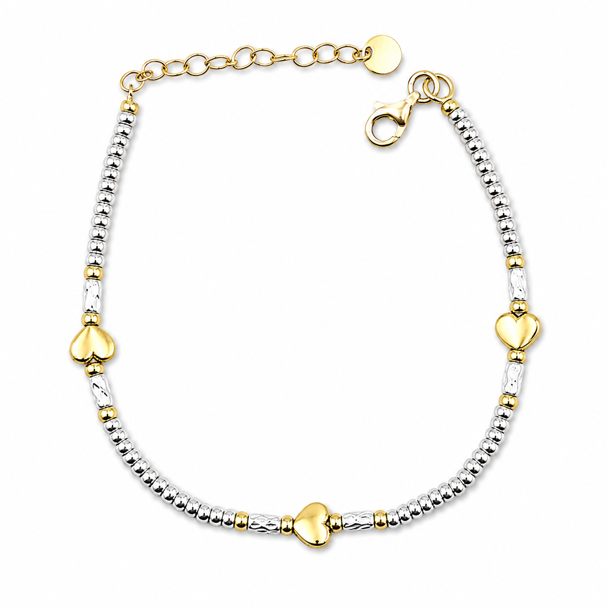 TRIPLE HEART BEADS — ΒΡΑΧΙΟΛΙ ΧΑΝΤΡΕΣ ΑΣΗΜΙ 925 ΕΠΙΧΡΥΣΕΣ ΚΑΡΔΙΕΣ