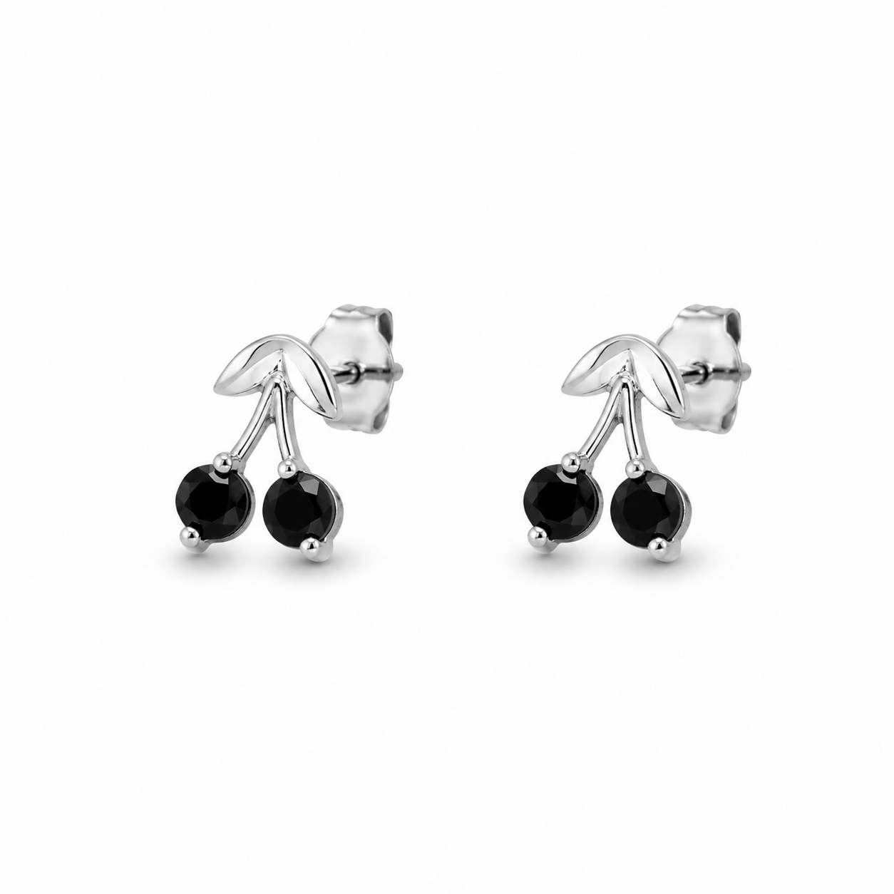 BLACK CHERRY STUDS — ΣΚΟΥΛΑΡΙΚΙΑ ΚΑΡΦΩΤΑ ΑΣΗΜΙ 925 ΚΕΡΑΣΑΚΙ ΜΕ ΜΑΥΡΑ ΖΙΡΓΚΟΝ