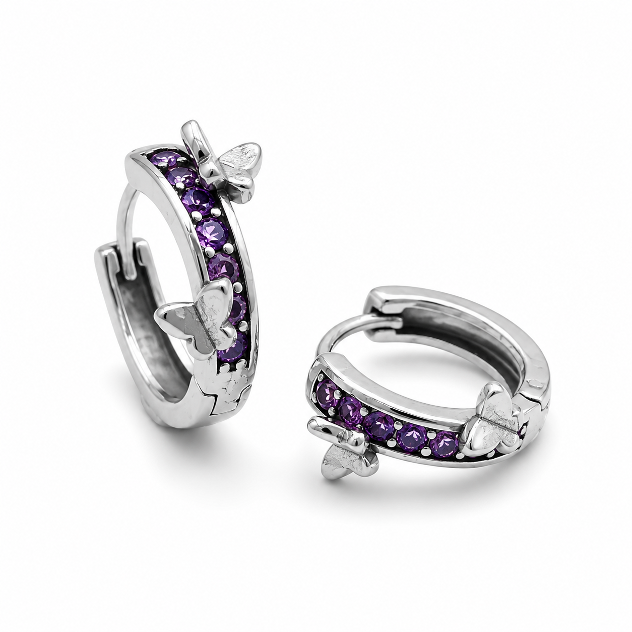 PURPLE BUTTERFLY HOOPS — ΣΚΟΥΛΑΡΙΚΙΑ ΚΡΙΚΟΙ ΑΣΗΜΙ 925 ΜΕ ΜΩΒ ΖΙΡΓΚΟΝ ΚΑΙ ΠΕΤΑΛΟΥΔΑ