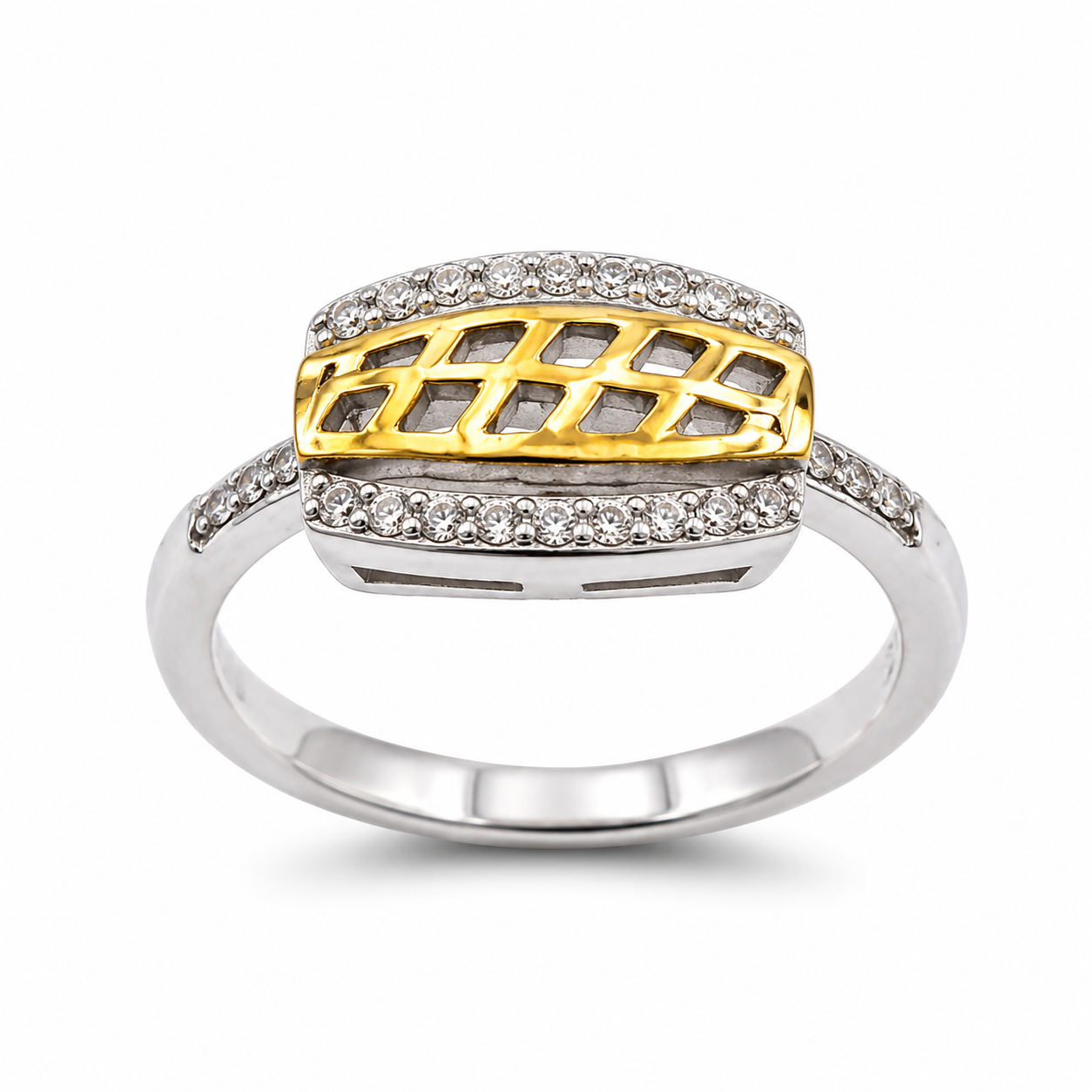 GOLDEN CAGE RING — ΔΑΧΤΥΛΙΔΙ ΑΣΗΜΙ 925 ΔΙΧΡΩΜΟ ΜΕ ΖΙΡΓΚΟΝ ΚΑΙ ΧΡΥΣΗ ΠΛΕΞΗ