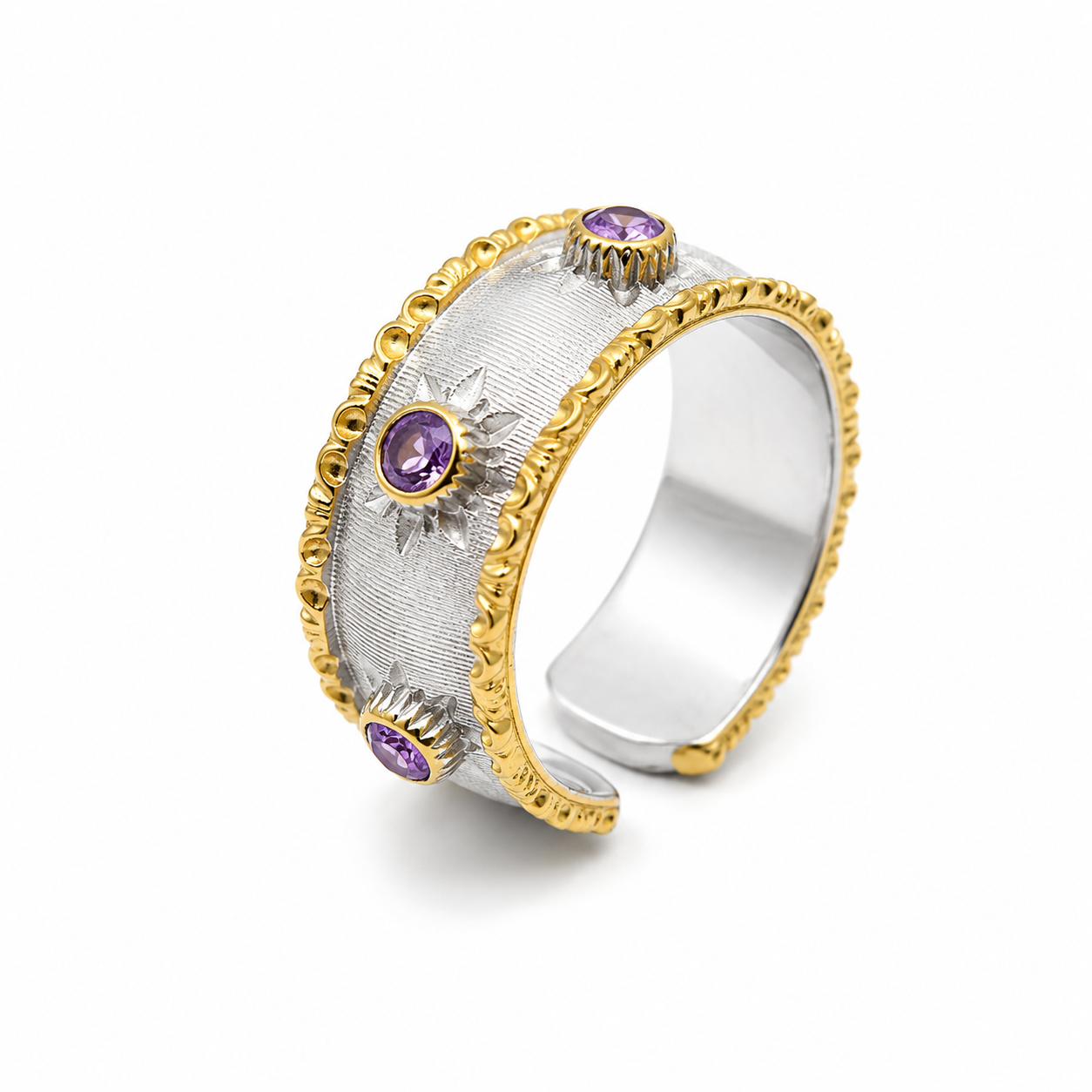 PURPLE STARLIGHT BAND RING — ΔΑΧΤΥΛΙΔΙ ΑΣΗΜΙ 925 ΔΙΧΡΩΜΟ ΜΕ ΜΩΒ ΖΙΡΓΚΟΝ