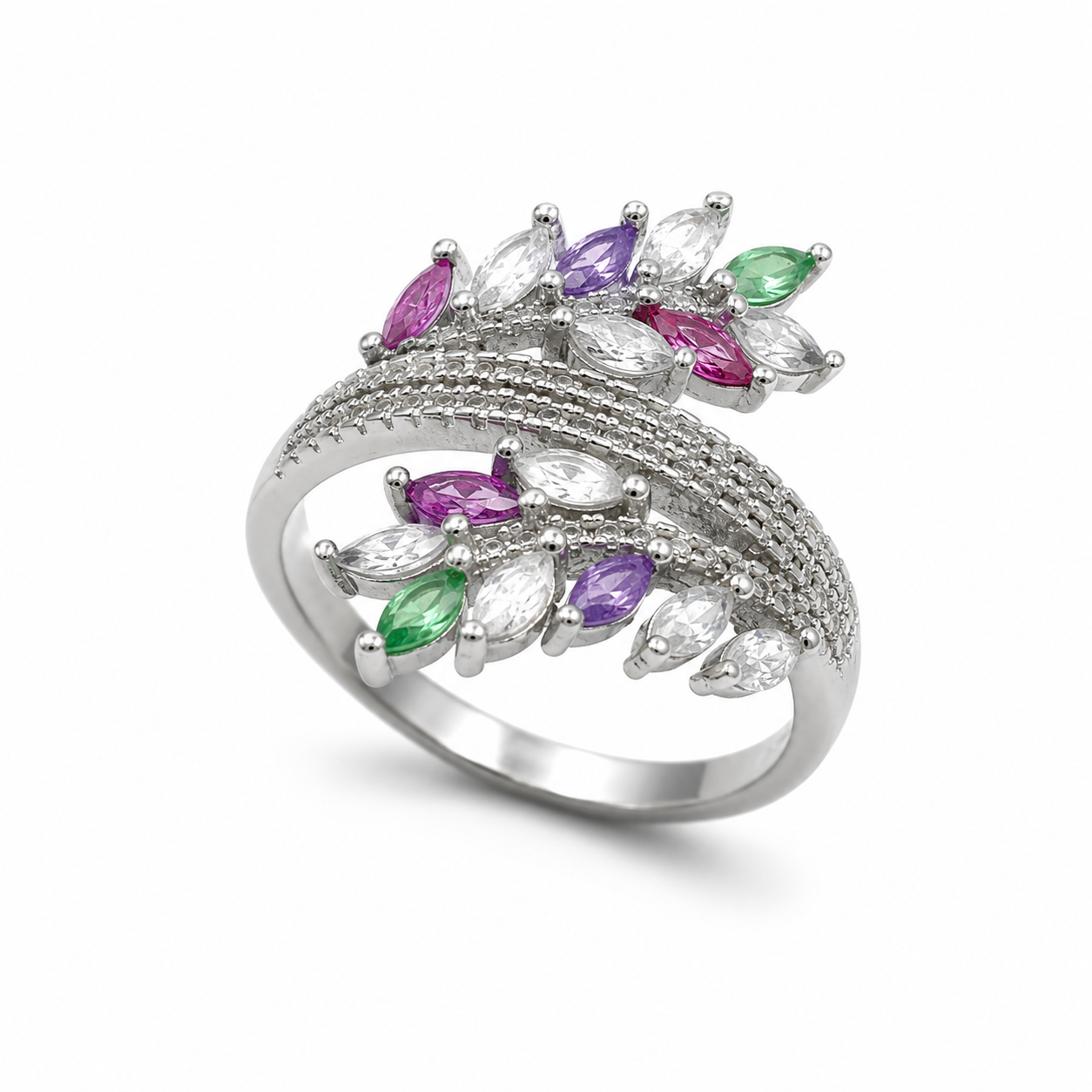 MULTICOLOR LEAF CLUSTER RING — ΔΑΧΤΥΛΙΔΙ ΑΣΗΜΙ 925 ΜΕ ΛΕΥΚΑ, ΡΟΖ ΚΑΙ ΠΡΑΣΙΝΑ ΖΙΡΓΚΟΝ