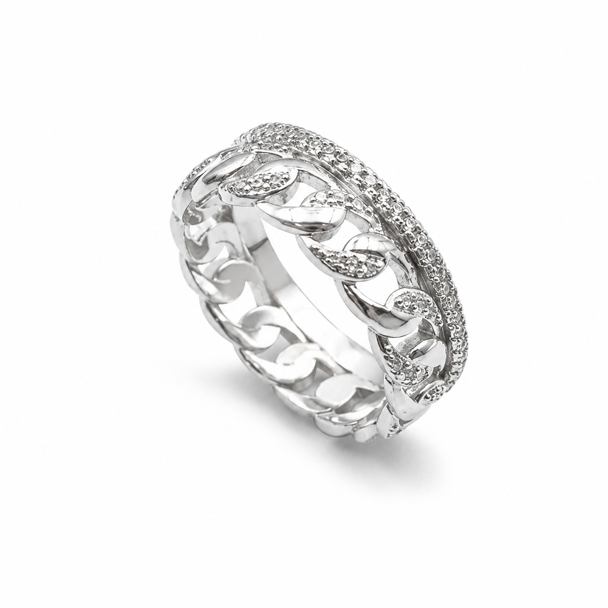 CURB CHAIN ETERNITY RING — ΔΑΧΤΥΛΙΔΙ ΑΣΗΜΙ 925 ΑΣΗΜΙ ΧΡΩΜΑ ΜΕ ΖΙΡΓΚΟΝ ΚΑΙ ΣΧΕΔΙΟ ΣΕΙΡΕ