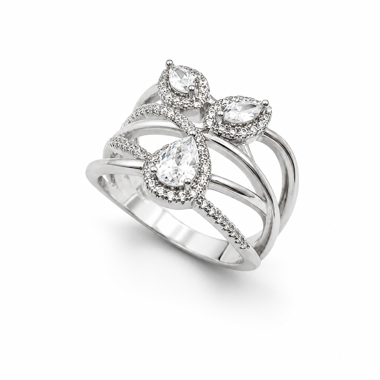 TRINITY HALO RING — ΔΑΧΤΥΛΙΔΙ ΑΣΗΜΙ 925 ΜΕ ΖΙΡΓΚΟΝ ΣΕ ΣΧΗΜΑ ΔΑΚΡΥ ΚΑΙ ΠΟΛΥΣΕΙΡΟ ΣΧΕΔΙΟ
