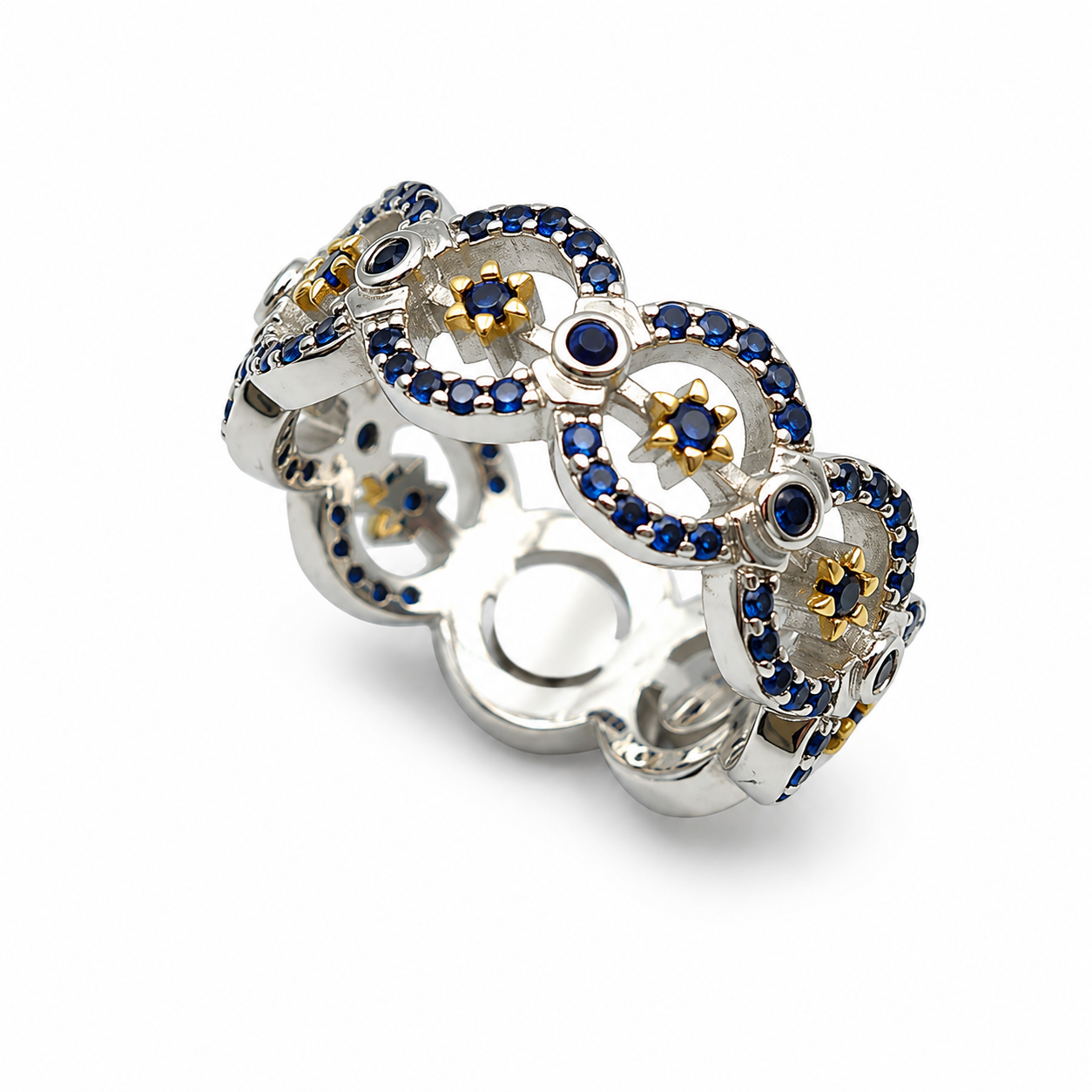 SAPPHIRE LACE ETERNITY RING — ΔΑΧΤΥΛΙΔΙ ΑΣΗΜΙ 925 ΔΙΧΡΩΜΟ ΜΕ ΜΠΛΕ ΖΙΡΓΚΟΝ ΚΑΙ ΣΧΕΔΙΟ ΔΑΝΤΕΛΑΣ