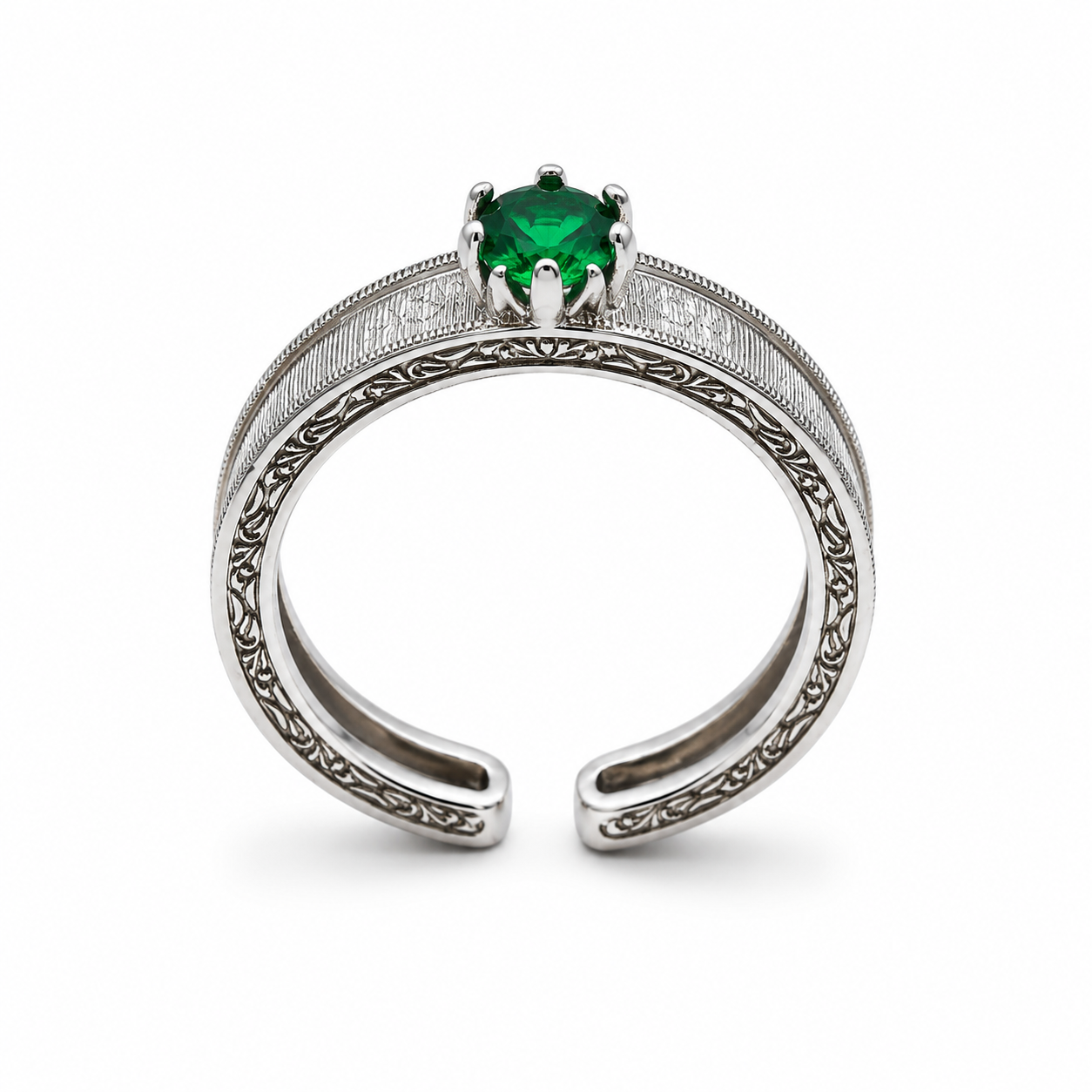 VINTAGE EMERALD GREEN RING — ΔΑΧΤΥΛΙΔΙ ΑΣΗΜΙ 925 ΜΕ ΠΡΑΣΙΝΟ ΖΙΡΓΚΟΝ ΚΑΙ ΧΑΡΑΚΤΟ ΣΧΕΔΙΟ