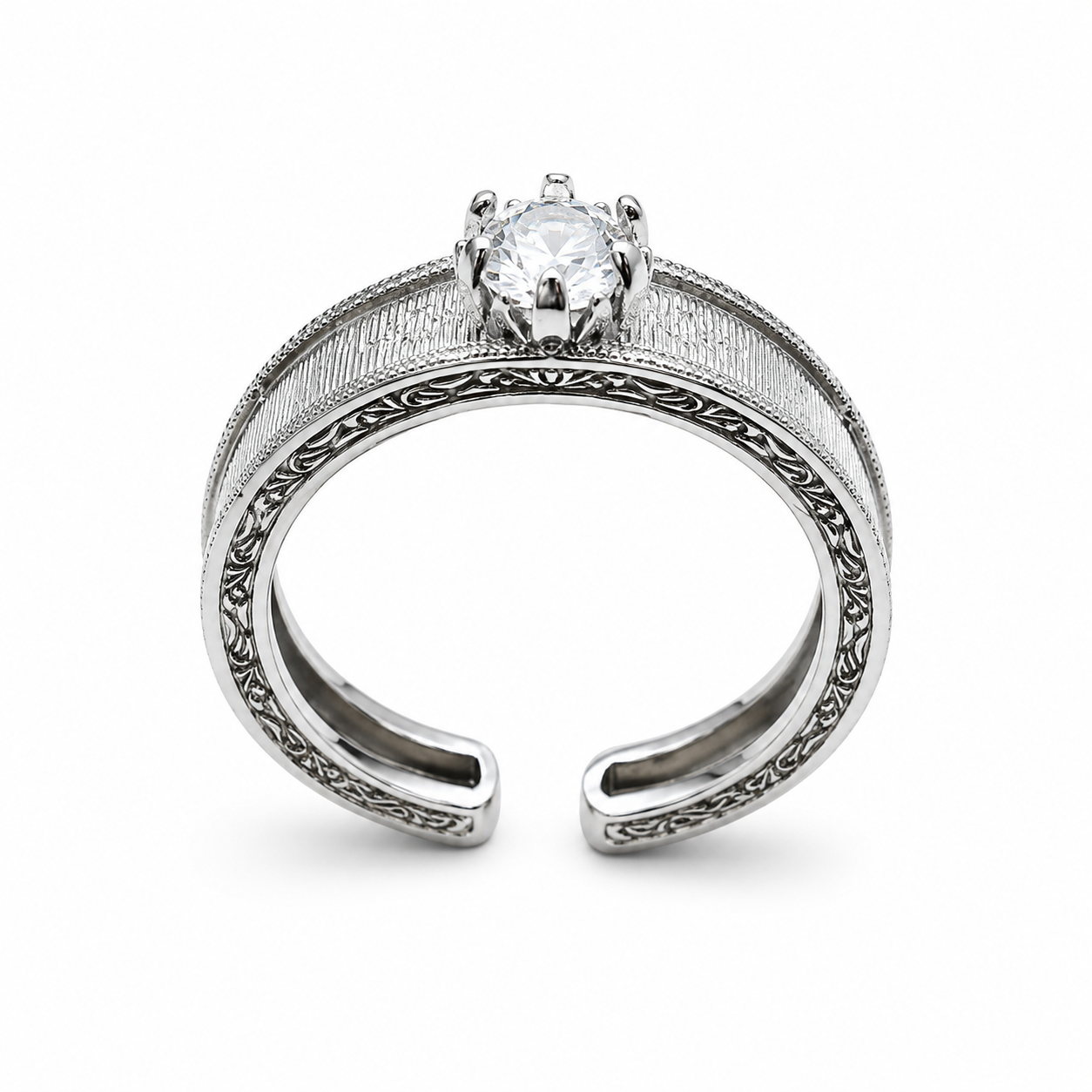 VINTAGE SOLITAIRE RING — ΔΑΧΤΥΛΙΔΙ ΑΣΗΜΙ 925 ΜΕ ΛΕΥΚΟ ΖΙΡΓΚΟΝ ΚΑΙ ΧΑΡΑΚΤΟ ΣΧΕΔΙΟ