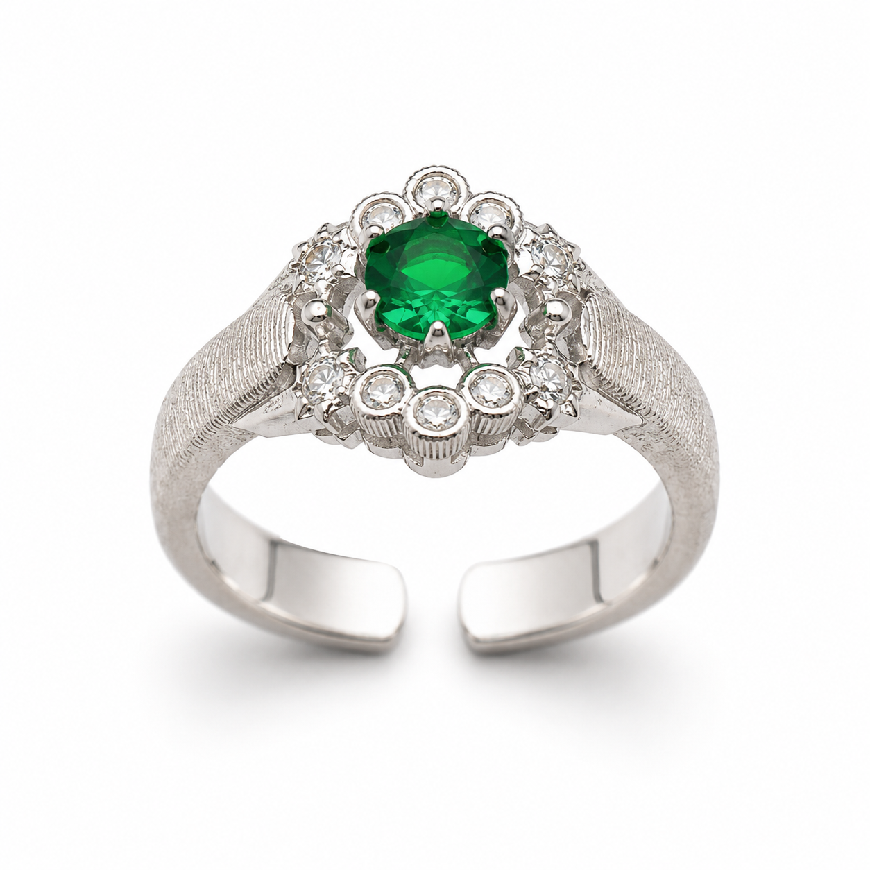 VINTAGE GREEN HALO RING — ΔΑΧΤΥΛΙΔΙ ΑΣΗΜΙ 925 ΜΕ ΠΡΑΣΙΝΟ ΚΑΙ ΛΕΥΚΟ ΖΙΡΓΚΟΝ
