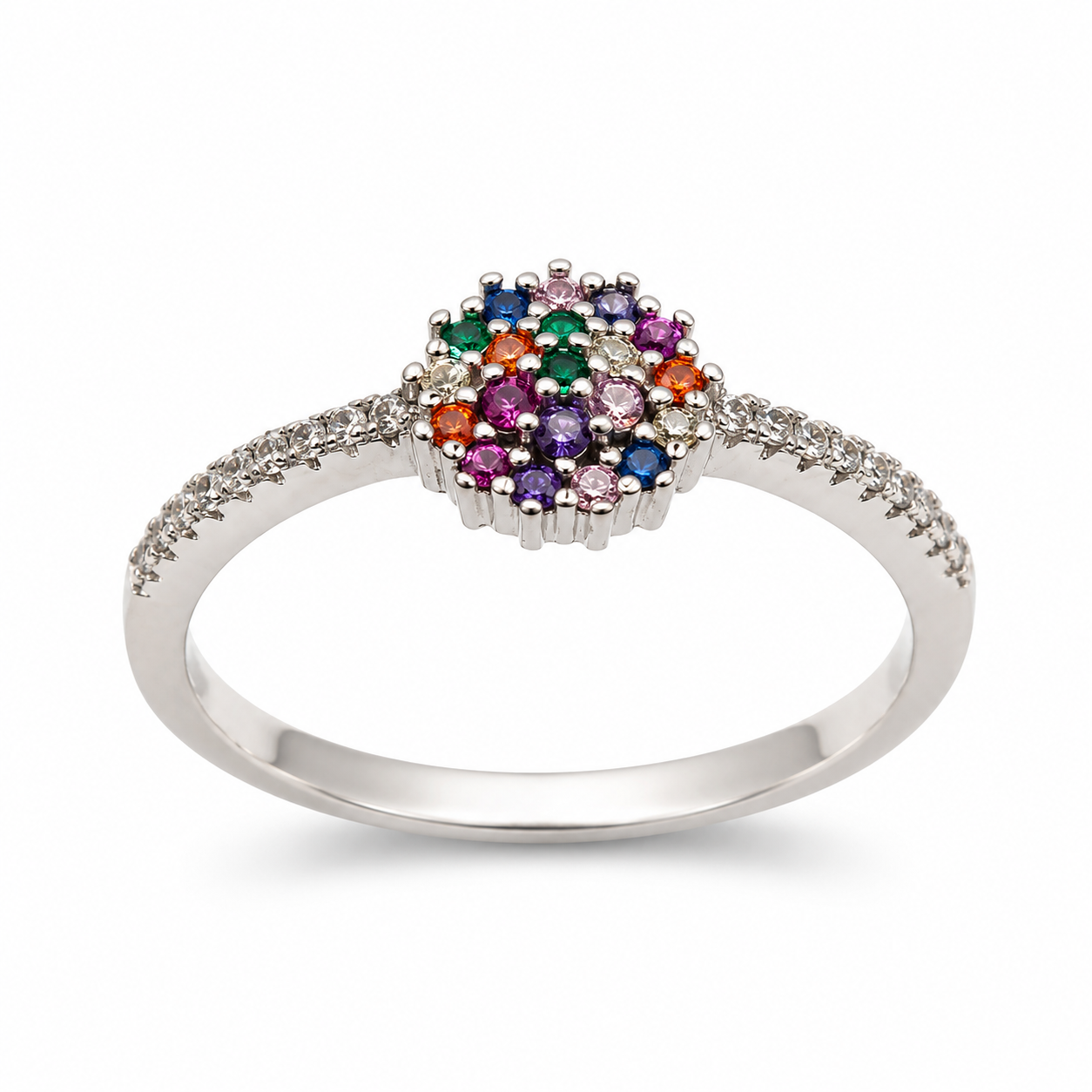 RAINBOW CLUSTER RING — ΔΑΧΤΥΛΙΔΙ ΑΣΗΜΙ 925 ΜΕ ΠΟΛΥΧΡΩΜΑ ΖΙΡΓΚΟΝ