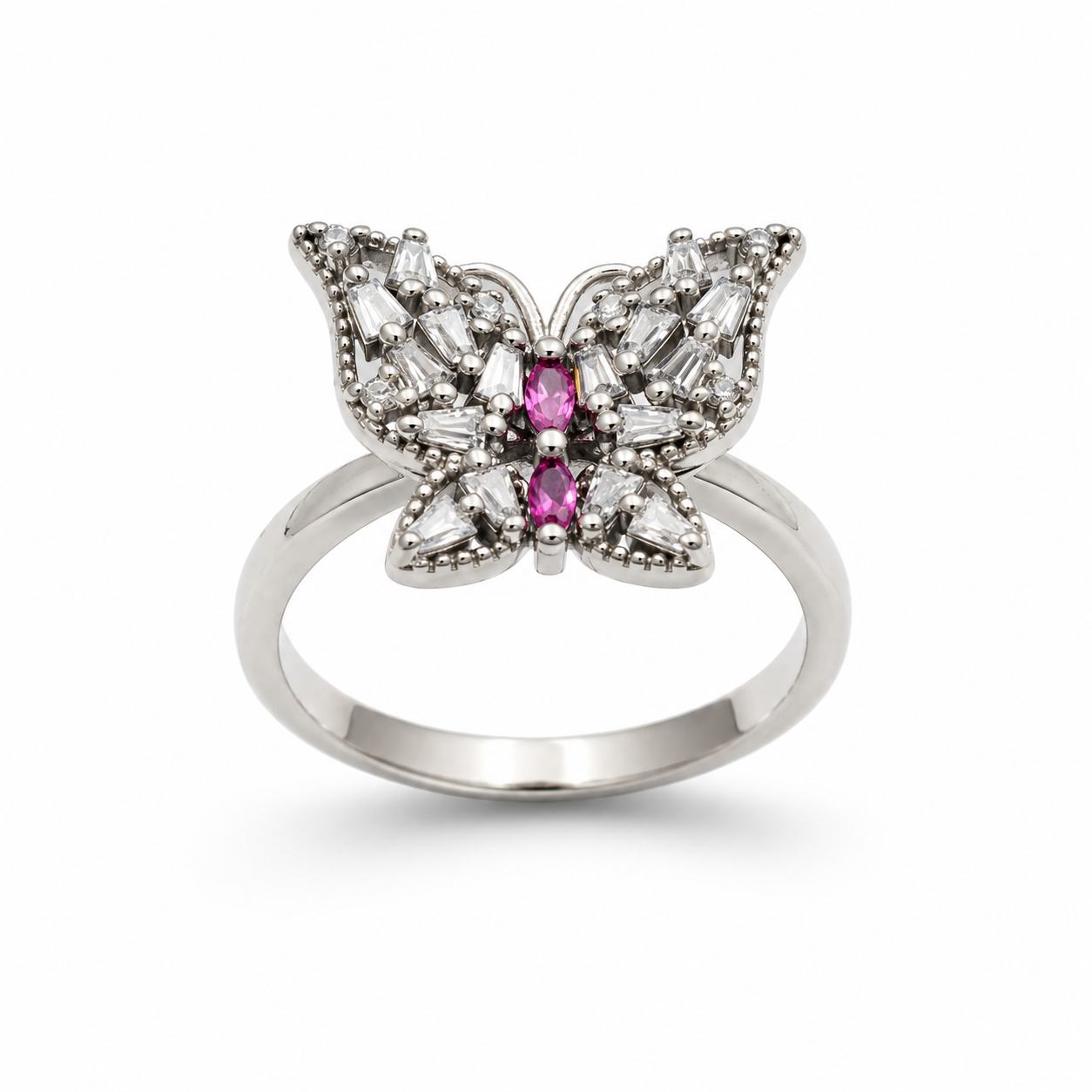 CRYSTAL BUTTERFLY RING — ΔΑΧΤΥΛΙΔΙ ΑΣΗΜΙ 925 ΜΕ ΖΙΡΓΚΟΝ ΚΑΙ ΡΟΖ ΖΙΡΓΚΟΝ ΣΕ ΣΧΗΜΑ ΠΕΤΑΛΟΥΔΑΣ