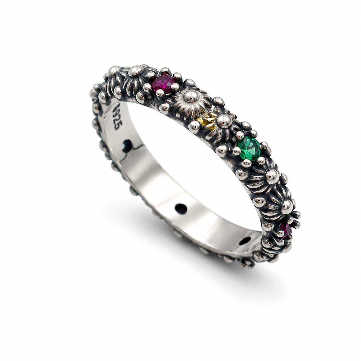 TEXTURED GARDEN ETERNITY RING — ΔΑΧΤΥΛΙΔΙ ΑΣΗΜΙ 925 ΟΞΕΙΔΩΜΕΝΟ ΜΕ ΡΟΖ ΚΑΙ ΠΡΑΣΙΝΑ ΖΙΡΓΚΟΝ