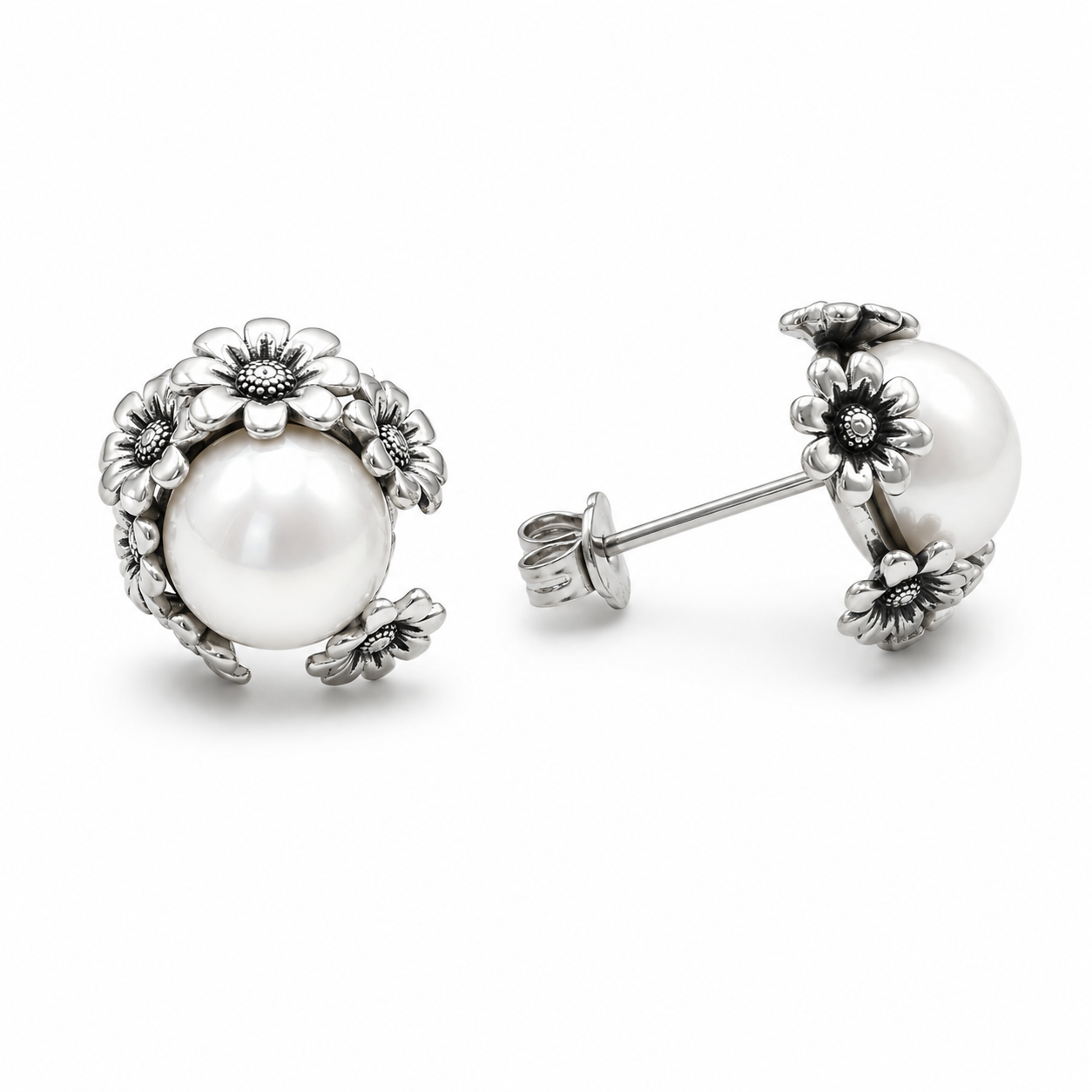 DAISY PEARL STUDS — ΣΚΟΥΛΑΡΙΚΙΑ ΚΑΡΦΩΤΑ ΑΣΗΜΙ 925 ΜΕ ΜΑΡΓΑΡΙΤΑΡΙ ΚΑΙ ΛΟΥΛΟΥΔΙΑ