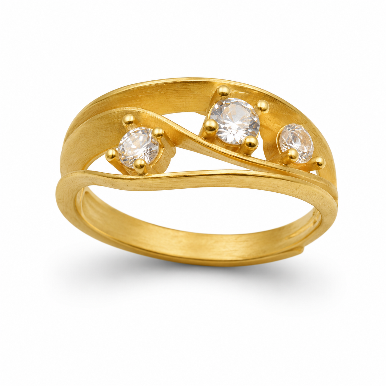WAVE TRIO RING — ΔΑΧΤΥΛΙΔΙ ΑΣΗΜΙ 925 ΕΠΙΧΡΥΣΟ MATTE ΚΥΜΑΤΙΣΤΟ ΜΕ ΛΕΥΚΑ ΖΙΡΓΚΟΝ