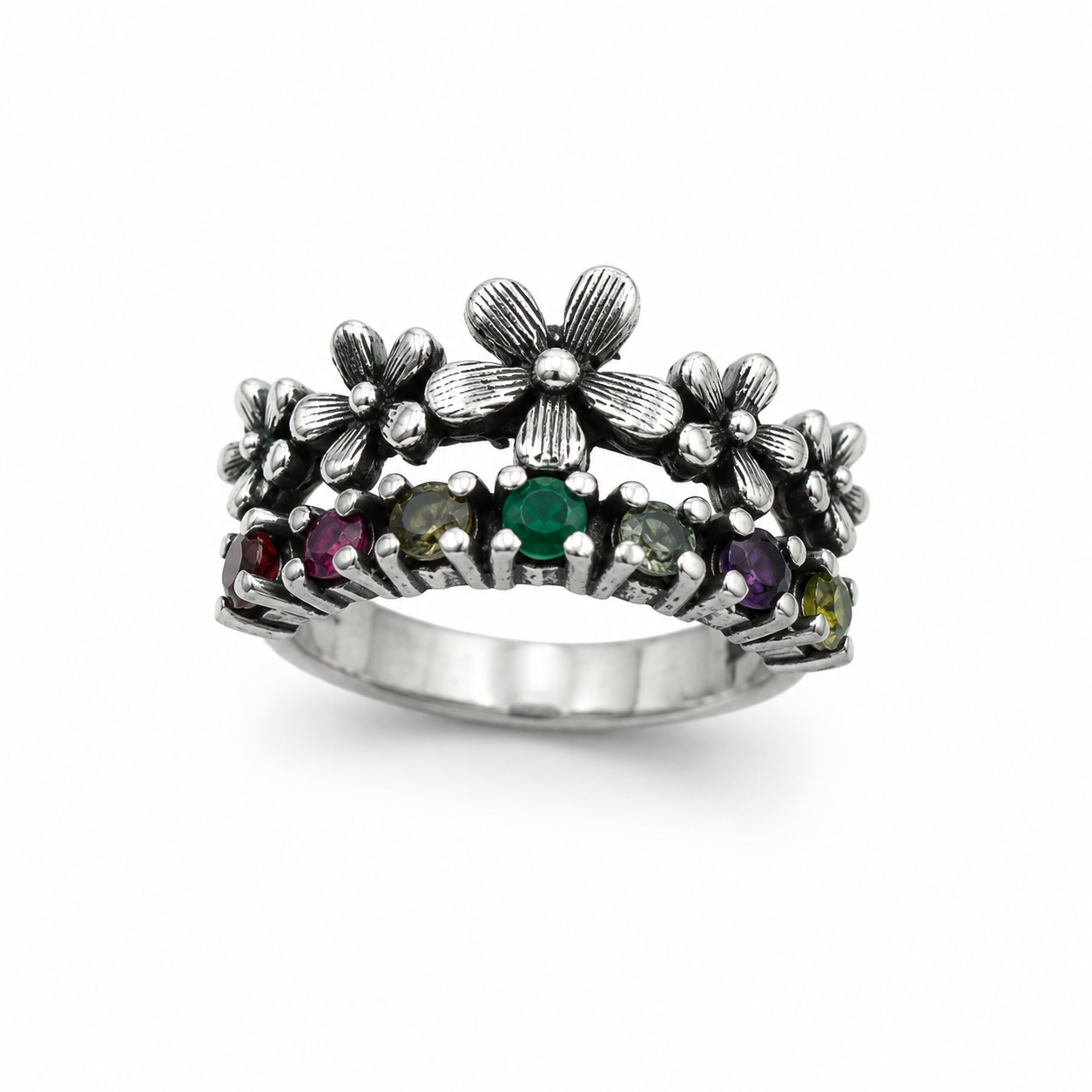 CROWN GARDEN RING — ΔΑΧΤΥΛΙΔΙ ΑΣΗΜΙ 925 ΟΞΕΙΔΩΜΕΝΟ ΣΕ ΣΧΗΜΑ ΣΤΕΜΜΑΤΟΣ ΜΕ ΠΟΛΥΧΡΩΜΑ ΖΙΡΓΚΟΝ