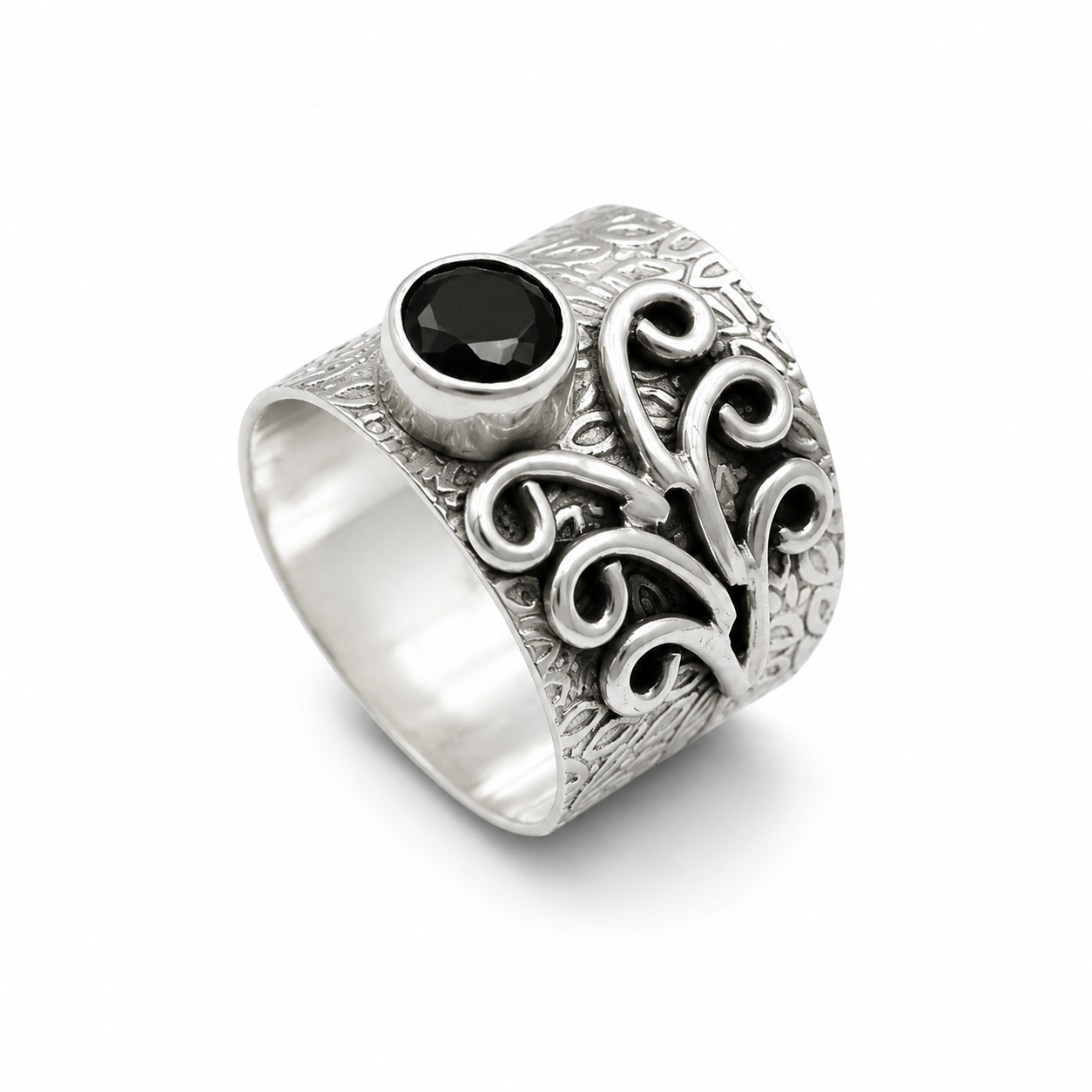 VINE SCROLL ONYX RING — ΔΑΧΤΥΛΙΔΙ ΑΣΗΜΙ 925 ΦΑΡΔΙΑ ΜΠΑΝΤΑ ΜΕ ΜΑΥΡΗ ΟΝΥΧΑ