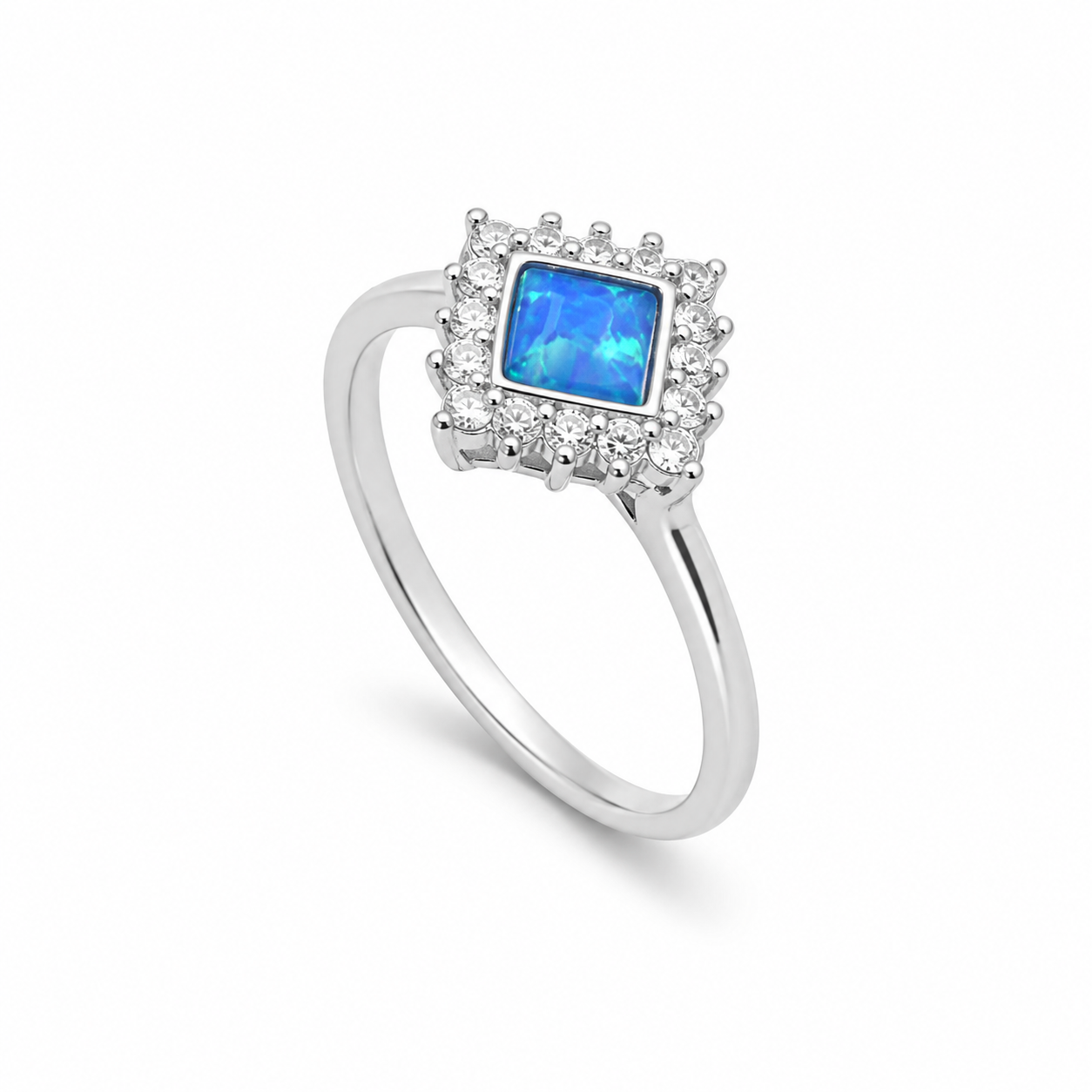 HALO OPAL SQUARE RING — ΔΑΧΤΥΛΙΔΙ ΑΣΗΜΙ 925 ΜΕ ΦΥΣΙΚΟ ΟΠΑΛΙΟ ΚΑΙ ΛΕΥΚΑ ΖΙΡΓΚΟΝ
