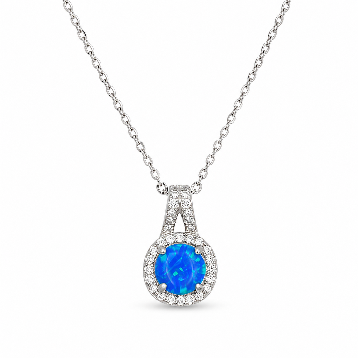 HALO OPAL PENDANT NECKLACE — ΚΟΛΙΕ ΑΣΗΜΙ 925 ΜΕ ΦΥΣΙΚΟ ΟΠΑΛΙΟ ΚΑΙ ΛΕΥΚΑ ΖΙΡΓΚΟΝ