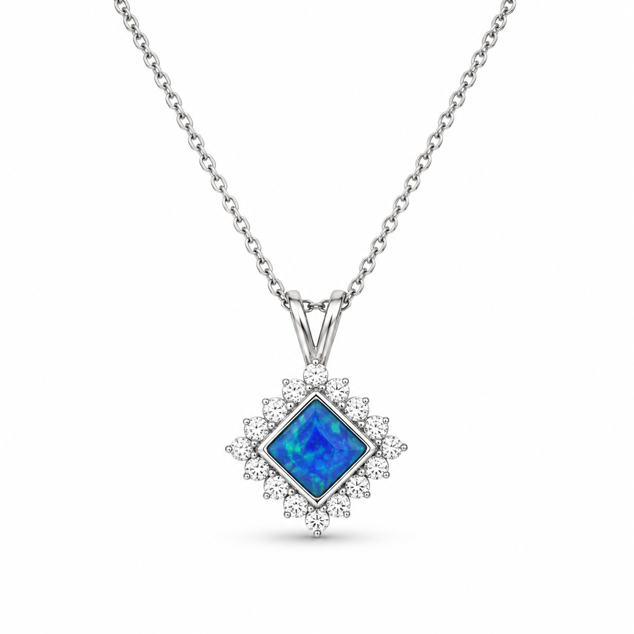 HALO OPAL DIAMOND NECKLACE — ΚΟΛΙΕ ΑΣΗΜΙ 925 ΜΕ ΦΥΣΙΚΟ ΟΠΑΛΙΟ ΚΑΙ ΛΕΥΚΑ ΖΙΡΓΚΟΝ