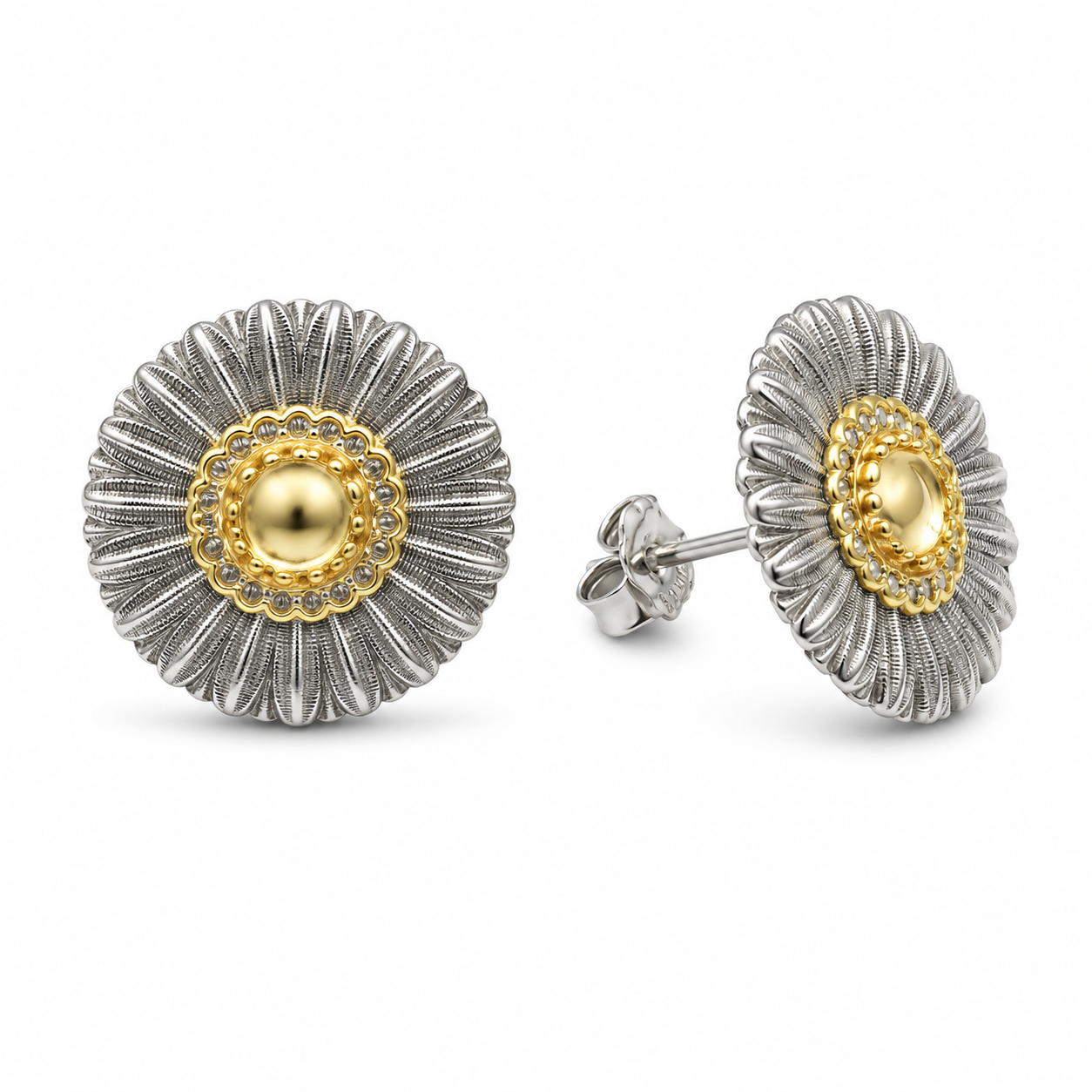 SUNBURST DAISY EARRINGS — ΣΚΟΥΛΑΡΙΚΙΑ ΑΣΗΜΙ 925 ΚΑΡΦΩΤΑ ΔΙΧΡΩΜΑ ΜΕ ΛΕΥΚΟ ΖΙΡΓΚΟΝ
