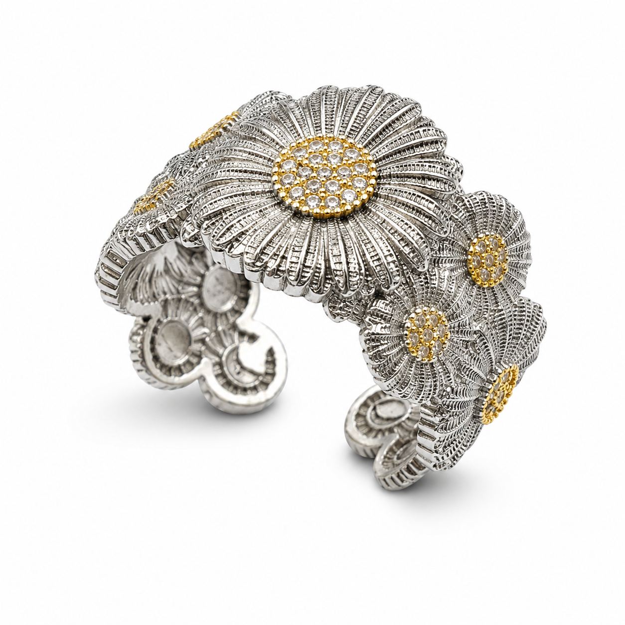 SUNBURST DAISY RING — ΔΑΧΤΥΛΙΔΙ ΑΣΗΜΙ 925 ΔΙΧΡΩΜΟ ΑΝΟΙΧΤΟ ΜΕ ΛΟΥΛΟΥΔΙΑ ΚΑΙ ΛΕΥΚΑ ΖΙΡΓΚΟΝ
