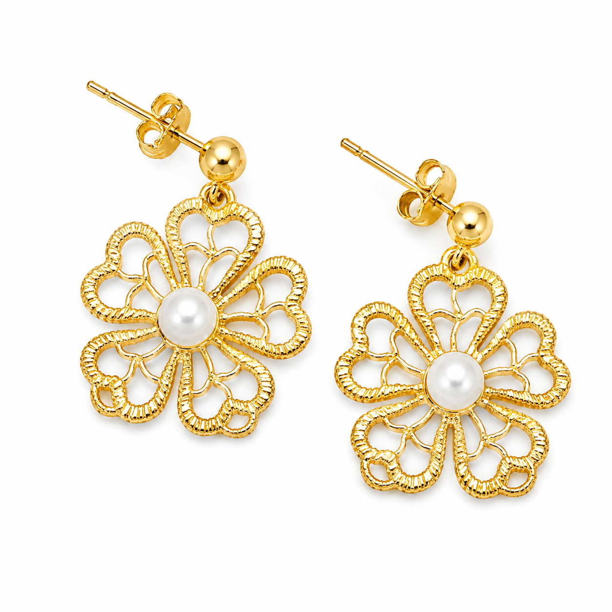 FILIGREE PEARL FLOWER EARRINGS — ΣΚΟΥΛΑΡΙΚΙΑ ΑΣΗΜΙ 925 ΕΠΙΧΡΥΣΑ ΛΟΥΛΟΥΔΙ ΦΙΛΙΓΚΡΑΝ ΜΕ ΜΑΡΓΑΡΙΤΑΡΙ