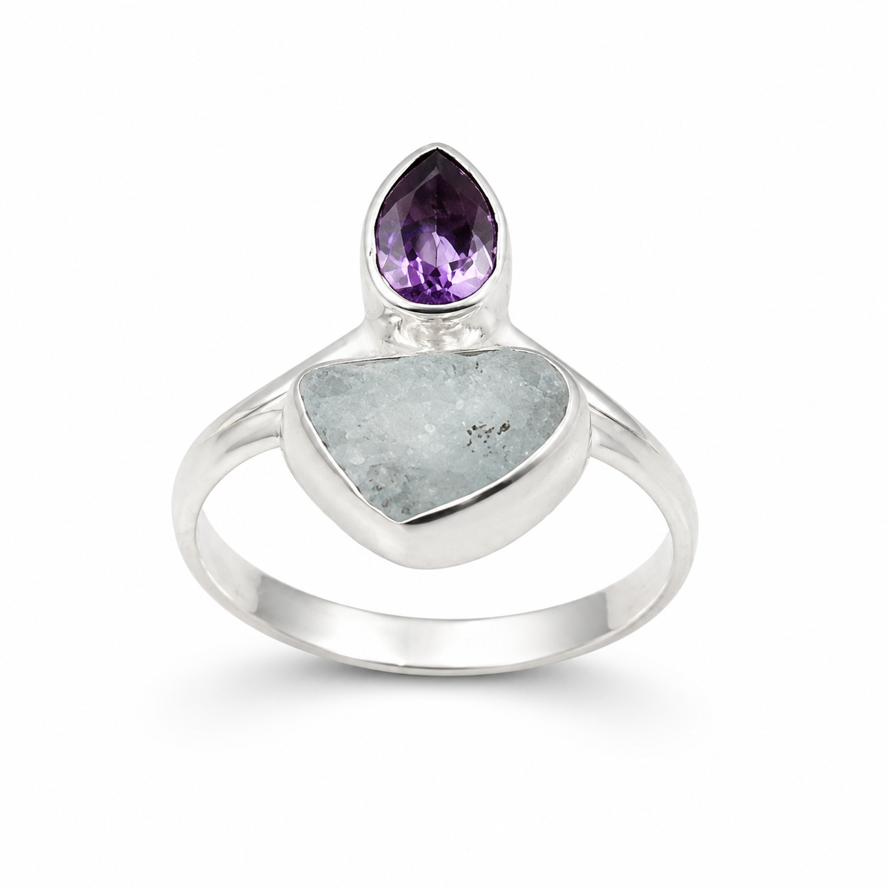 AMETHYST AQUAMARINE DUO RING — ΔΑΧΤΥΛΙΔΙ ΑΣΗΜΙ 925 ΜΕ ΦΥΣΙΚΟ ΑΜΕΘΥΣΤΟ ΚΑΙ ΑΚΟΥΑΜΑΡΙΝΑ