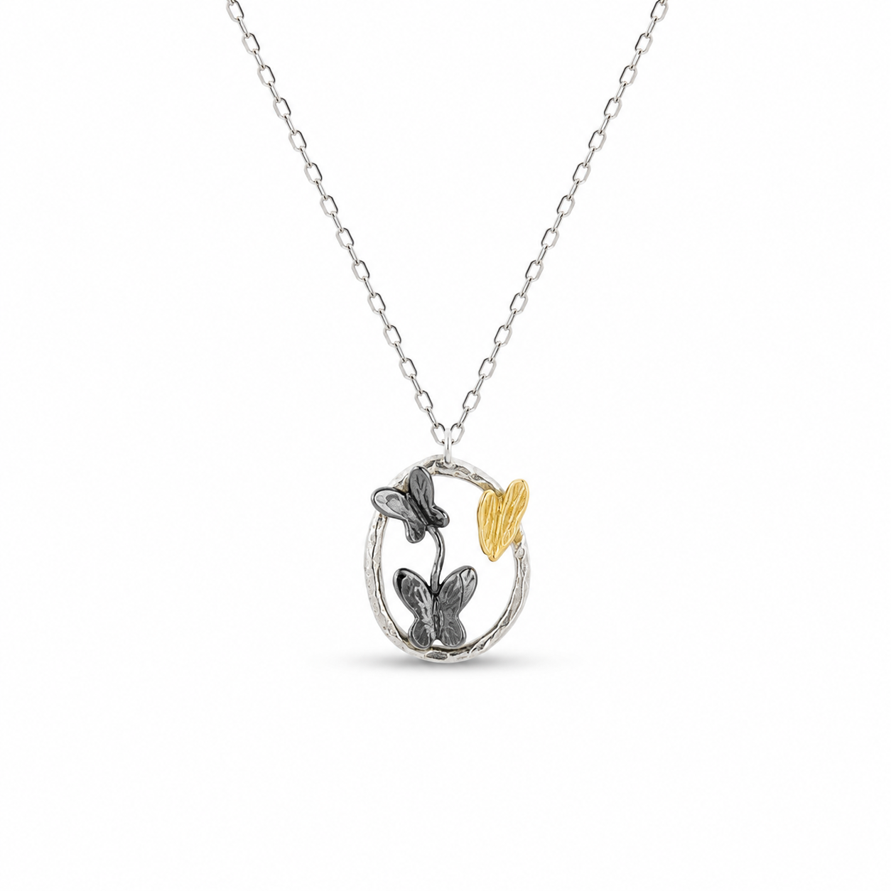 BUTTERFLY HEART NECKLACE — ΚΟΛΙΕ ΑΣΗΜΙ 925 ΔΙΧΡΩΜΟ ΜΕ ΠΕΤΑΛΟΥΔΕΣ ΚΑΙ ΚΑΡΔΙΑ