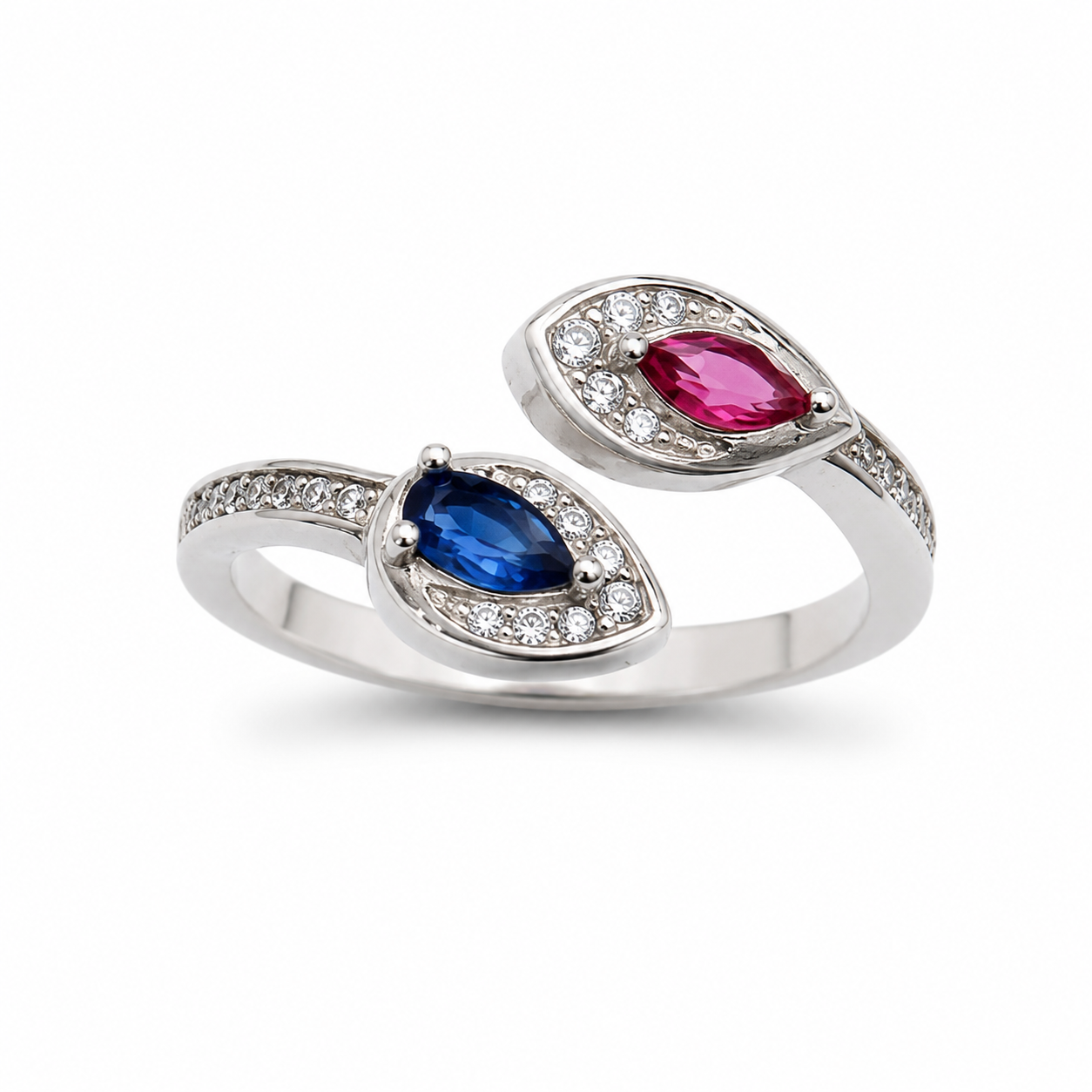 DUAL EYE RING — ΔΑΧΤΥΛΙΔΙ ΑΣΗΜΙ 925 ΜΕ ΡΟΖ ΚΑΙ ΜΠΛΕ ΖΙΡΓΚΟΝ