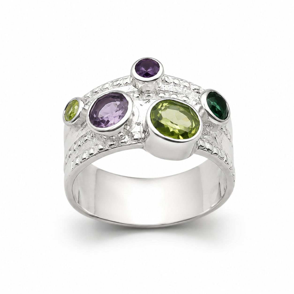 GEMSTONE CLUSTER RING — ΔΑΧΤΥΛΙΔΙ ΑΣΗΜΙ 925 ΦΑΡΔΙΑ ΜΠΑΝΤΑ ΜΕ ΦΥΣΙΚΟ ΑΜΕΘΥΣΤΟ ΚΑΙ ΠΕΡΙΔΟΤ
