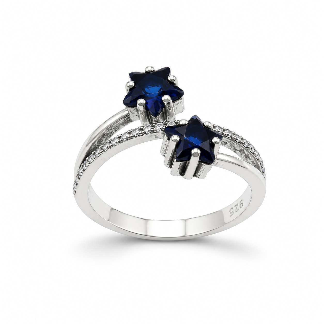 TWIN STAR RING — ΔΑΧΤΥΛΙΔΙ ΑΣΗΜΙ 925 ΟΞΕΙΔΩΜΕΝΟ ΜΕ ΜΠΛΕ ΚΑΙ ΛΕΥΚΑ ΖΙΡΓΚΟΝ