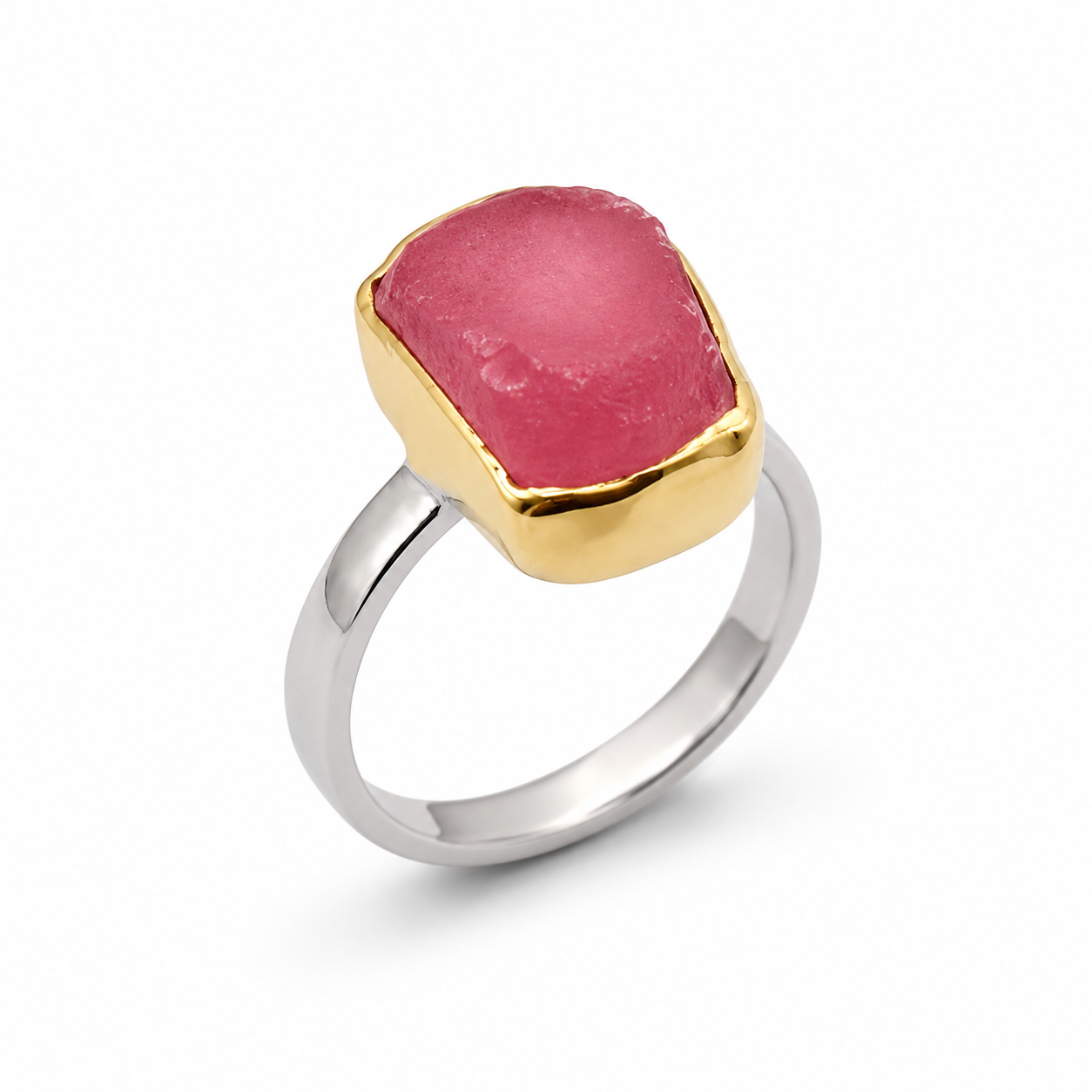 ROSE QUARTZ SLAB RING — ΔΑΧΤΥΛΙΔΙ ΑΣΗΜΙ 925 ΔΙΧΡΩΜΟ ΜΕ ΦΥΣΙΚΟ ΡΟΖ QUARTZ