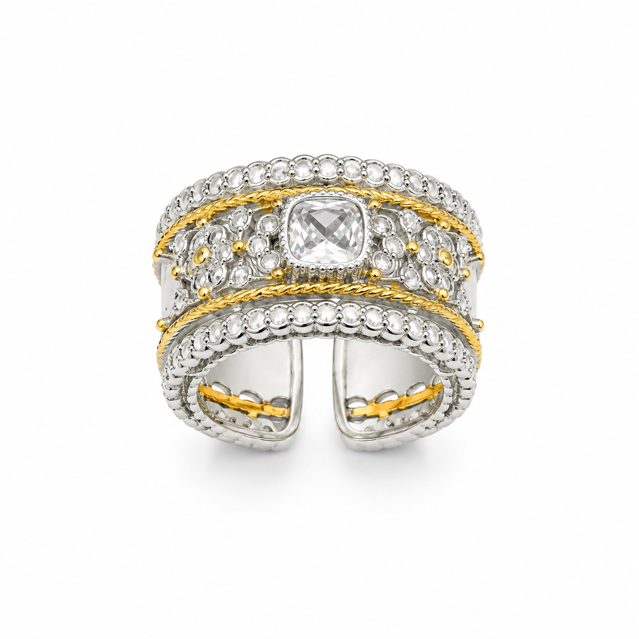 ROYAL PAVE RING — ΔΑΧΤΥΛΙΔΙ ΑΣΗΜΙ 925 ΔΙΧΡΩΜΟ ΦΑΡΔΙΑ ΜΠΑΝΤΑ ΜΕ ΛΕΥΚΑ ΖΙΡΓΚΟΝ