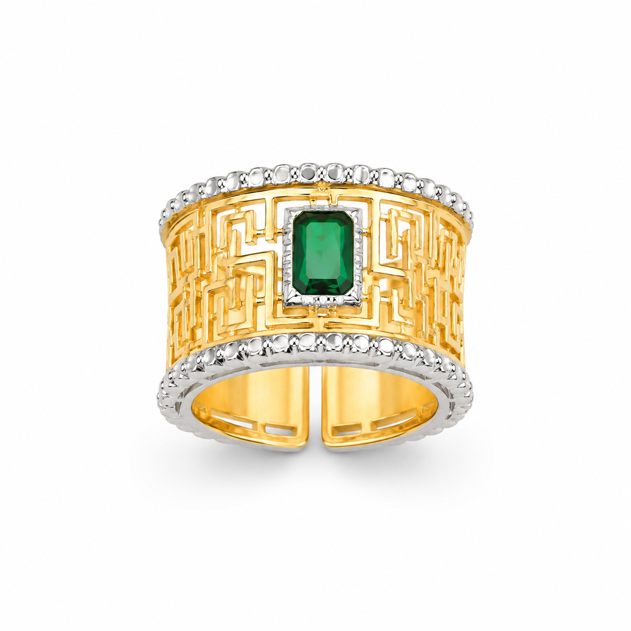 GREEK KEY EMERALD RING — ΔΑΧΤΥΛΙΔΙ ΑΣΗΜΙ 925 ΔΙΧΡΩΜΟ ΓΕΩΜΕΤΡΙΚΟ ΜΕ ΠΡΑΣΙΝΟ ΖΙΡΓΚΟΝ