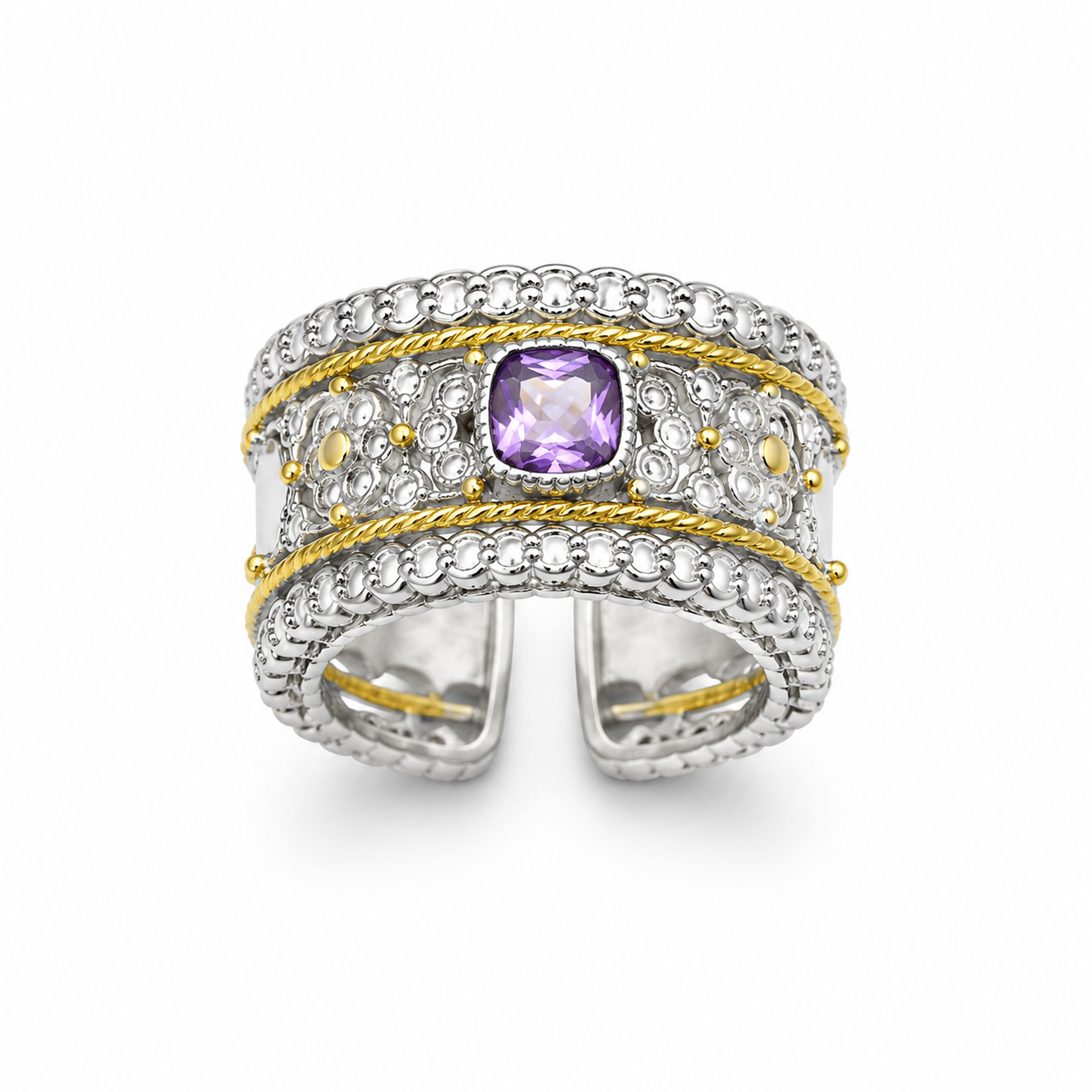 ROYAL PAVE AMETHYST RING — ΔΑΧΤΥΛΙΔΙ ΑΣΗΜΙ 925 ΔΙΧΡΩΜΟ ΦΑΡΔΙΑ ΜΠΑΝΤΑ ΜΕ ΦΥΣΙΚΟ ΑΜΕΘΥΣΤΟ