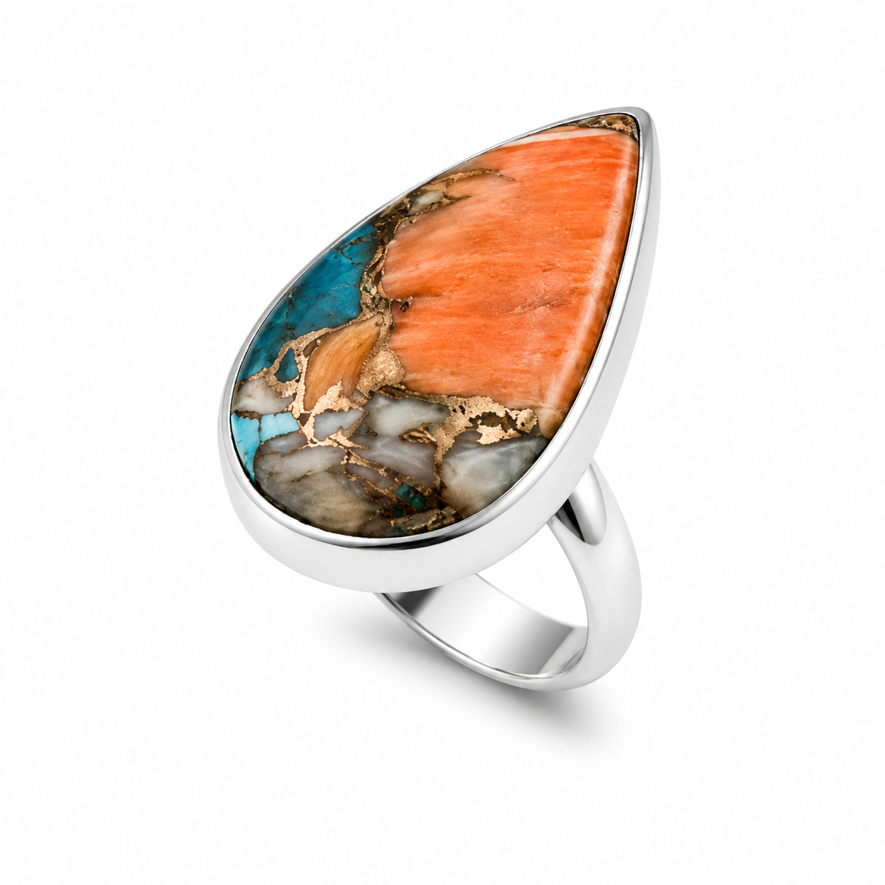 SPINY OYSTER MOSAIC RING — ΔΑΧΤΥΛΙΔΙ ΑΣΗΜΙ 925 ΜΕ ΤΙΡΚΟΥΑΖ ΚΑΙ SPINY OYSTER ΣΕ ΣΧΗΜΑ ΔΑΚΡΥΟΥ