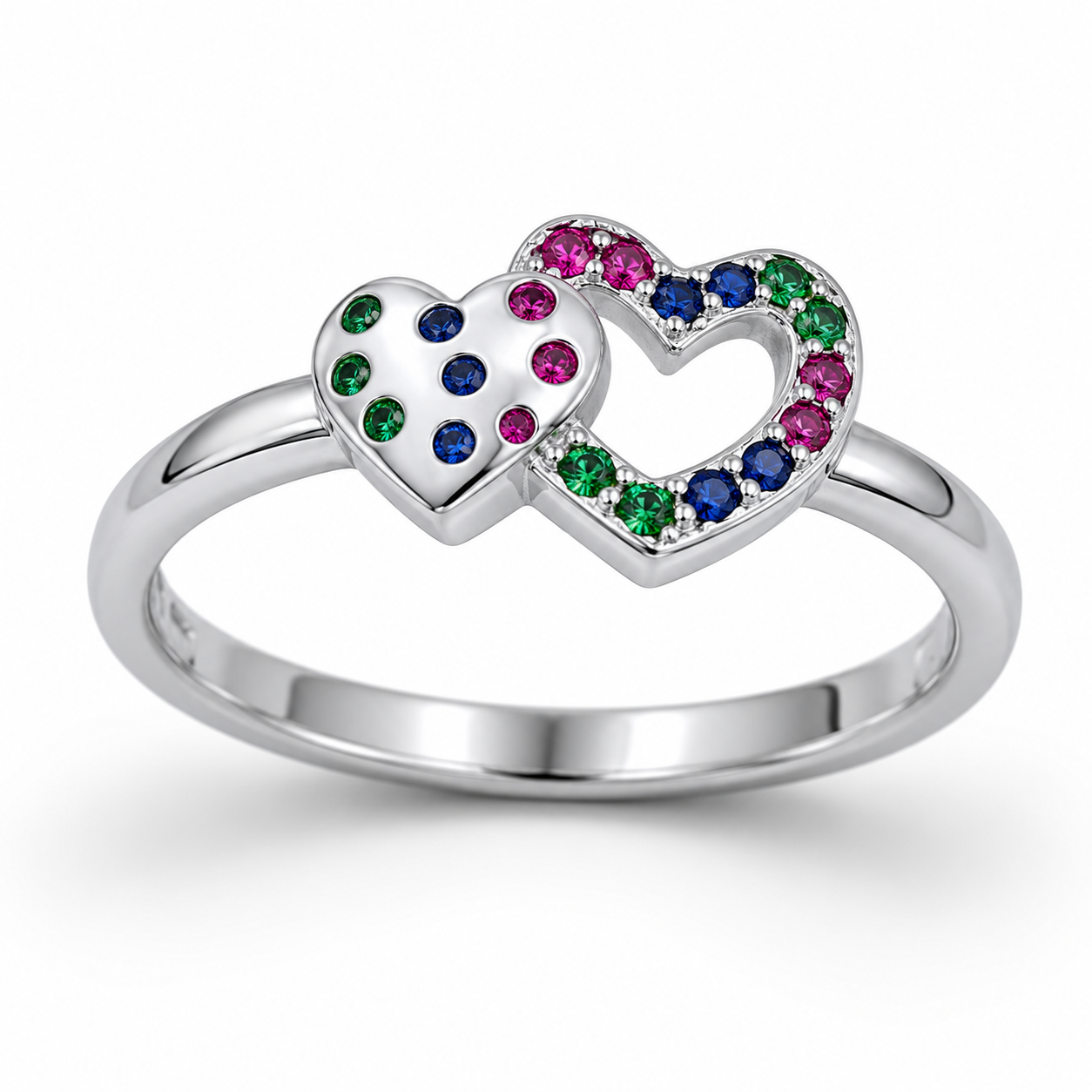 TWIN HEARTS RAINBOW RING — ΔΑΧΤΥΛΙΔΙ ΑΣΗΜΙ 925 ΜΕ ΠΟΛΥΧΡΩΜΑ ΖΙΡΓΚΟΝ ΣΕ ΔΙΠΛΗ ΚΑΡΔΙΑ