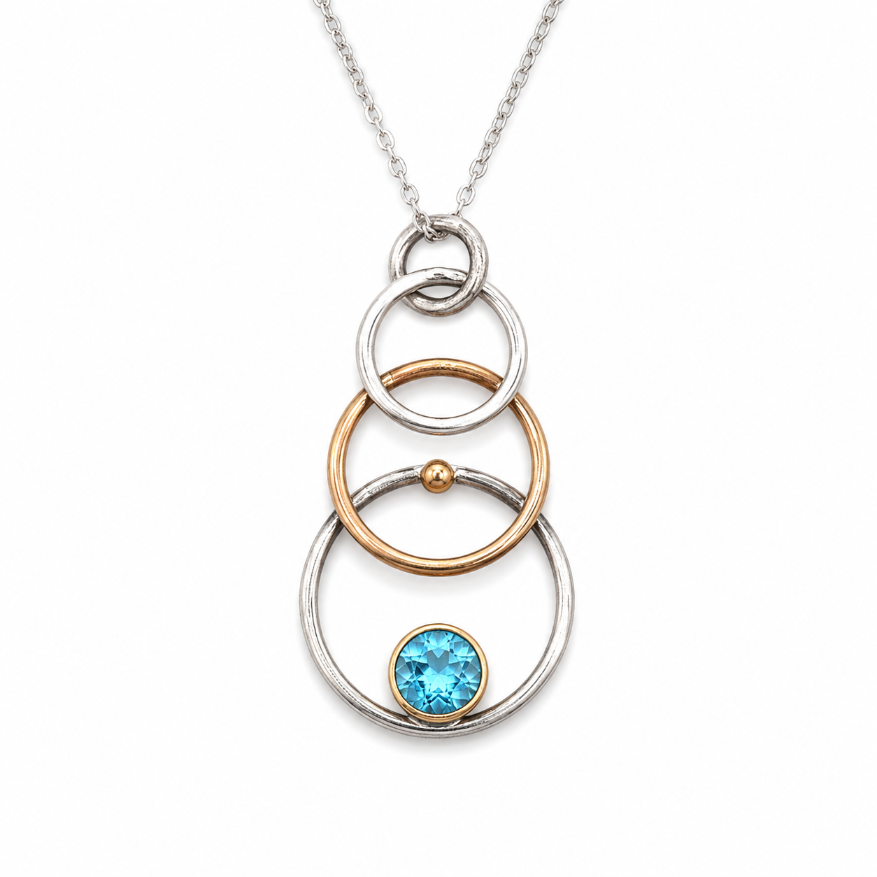 TRIPLE RING CRYSTAL NECKLACE — ΚΟΛΙΕ ΑΣΗΜΙ 925 ΡΟΔΙΟ & ROSE GOLD ΤΡΙΠΛΟΣ ΚΡΙΚΟΣ ΜΕ ΜΠΛΕ ΚΡΥΣΤΑΛΛΟ