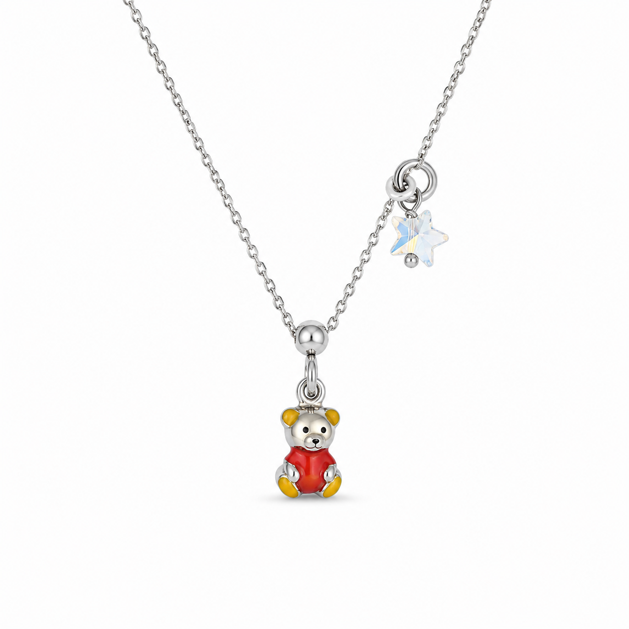 TEDDY BEAR STAR CHARM NECKLACE — ΠΑΙΔΙΚΟ ΚΟΛΙΕ ΑΣΗΜΙ 925 ΑΡΚΟΥΔΑΚΙ ΜΕ ΣΜΑΛΤΟ ΚΑΙ ΚΡΥΣΤΑΛΛΙΝΟ ΑΣΤΕΡΙ