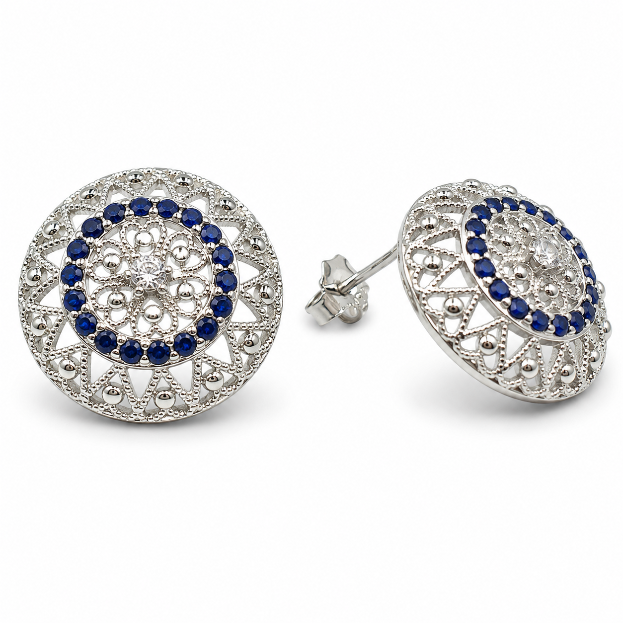 SAPPHIRE FILIGREE STUD EARRINGS — ΣΚΟΥΛΑΡΙΚΙΑ ΑΣΗΜΙ 925 ΡΟΔΙΟ ΦΙΛΙΓΚΡΑΝ ΜΕ ΜΠΛΕ ΖΙΡΓΚΟΝ