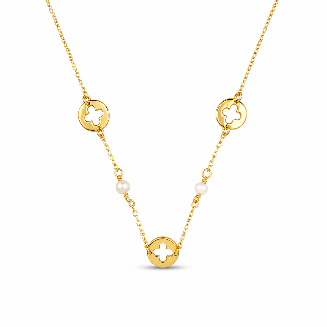 CLOVER COIN PEARL NECKLACE — ΚΟΛΙΕ ΑΣΗΜΙ 925 ΕΠΙΧΡΥΣΟ ΤΡΙΦΥΛΛΙ ΣΕ ΣΕΙΡΑ ΜΕ ΜΑΡΓΑΡΙΤΑΡΙΑ