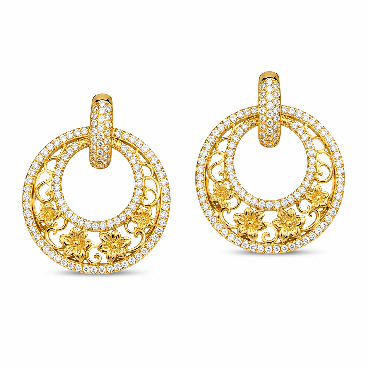 FLORAL HALO HOOP EARRINGS — ΣΚΟΥΛΑΡΙΚΙΑ ΑΣΗΜΙ 925 ΕΠΙΧΡΥΣΟ ΚΡΙΚΟΣ ΛΟΥΛΟΥΔΙ ΜΕ ΛΕΥΚΑ ΖΙΡΓΚΟΝ