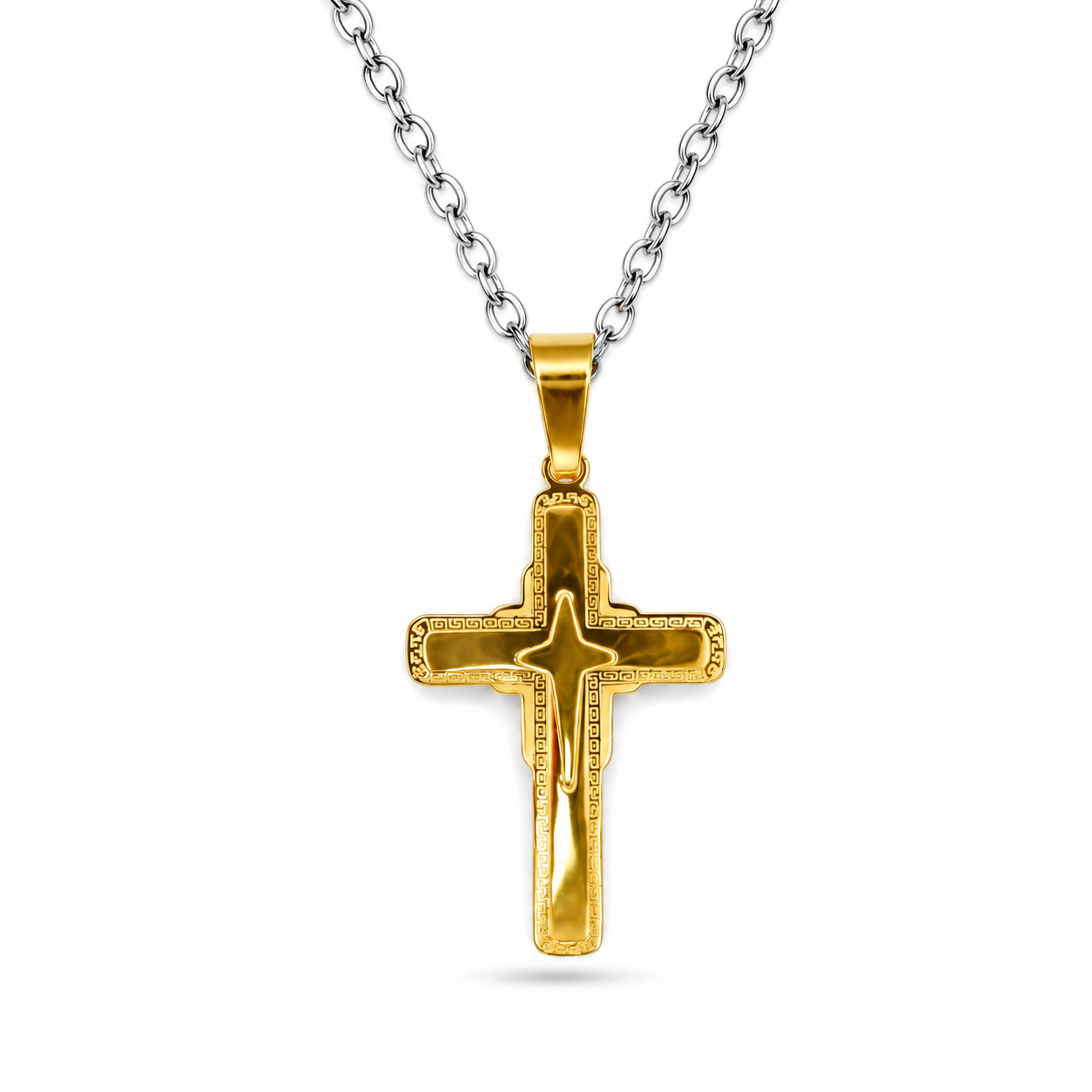 GREEK KEY CROSS PENDANT — ΑΝΔΡΙΚΟ ΚΟΛΙΕ ΣΤΑΥΡΟΣ ΑΤΣΑΛΙ ΧΡΥΣΟ ΜΑΙΑΝΔΡΟΣ